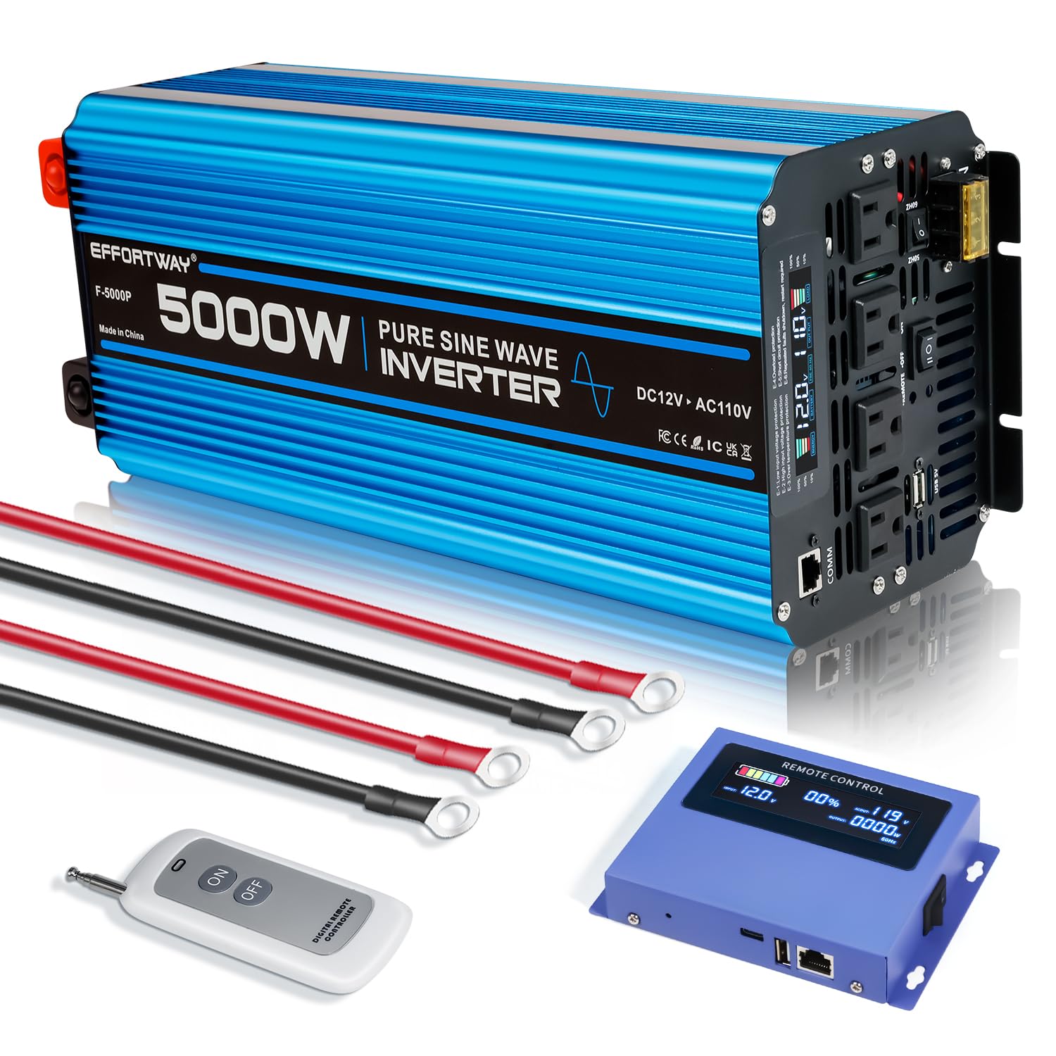 5000W Pure sine Wave Inverter DC 12V to AC 110V/120V Converter 10000w (Peak) with LCD Display Wireless/Wired Remote Control 4AC 