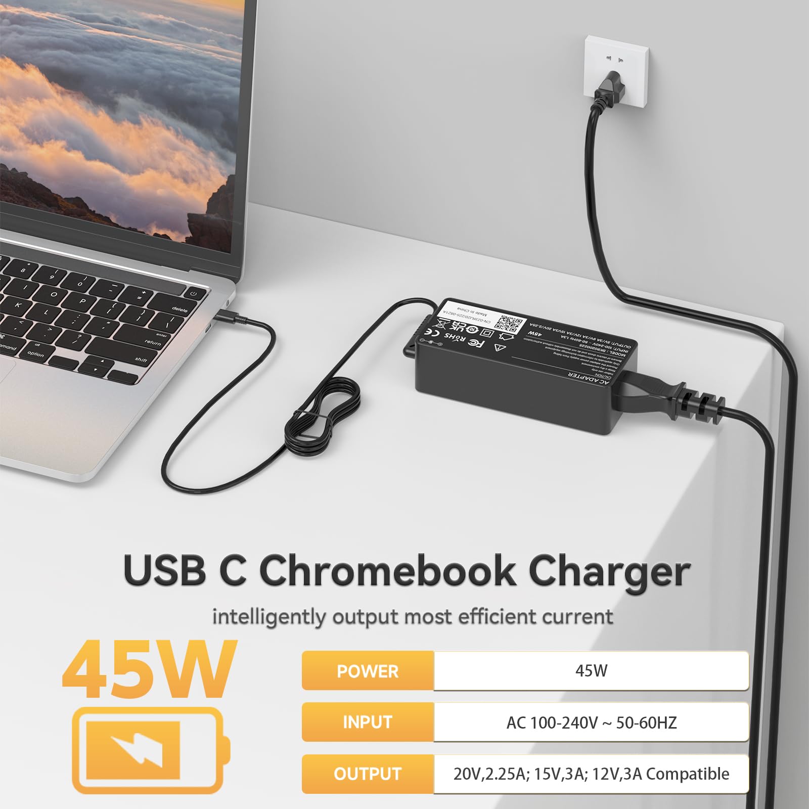 45W Usb C Chromebook Charger For Hp Chromebook, Lenovo Chromebook Thinkpad/Yoga, Asus, Acer, Dell Latitude, Samsung Laptop; Univ