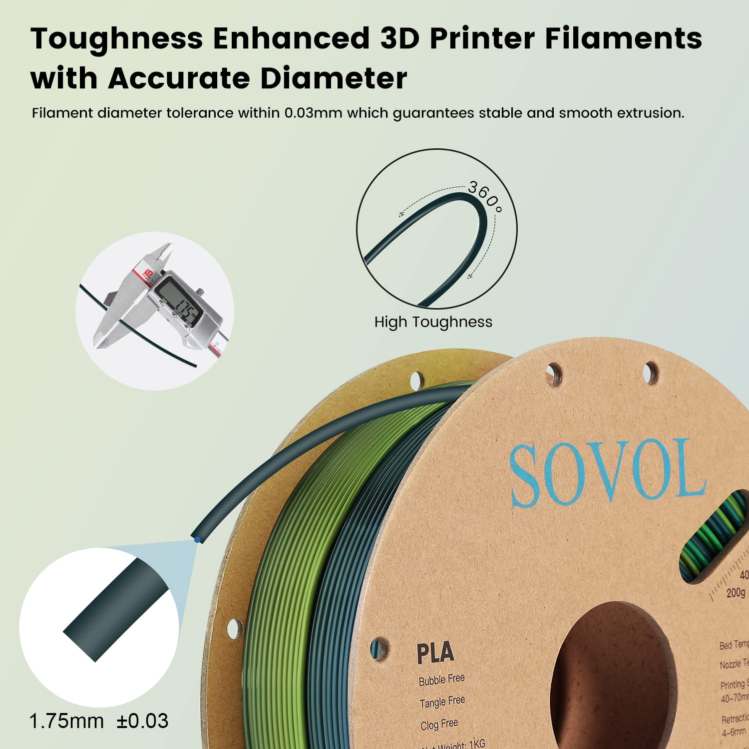 Sovol 3D Printer Silk Shiny Multicolored Fast Change Rainbow Pla 1Kg (2.2 Lbs) Spool 3D Printing Materials, Wiring Tightness, Di