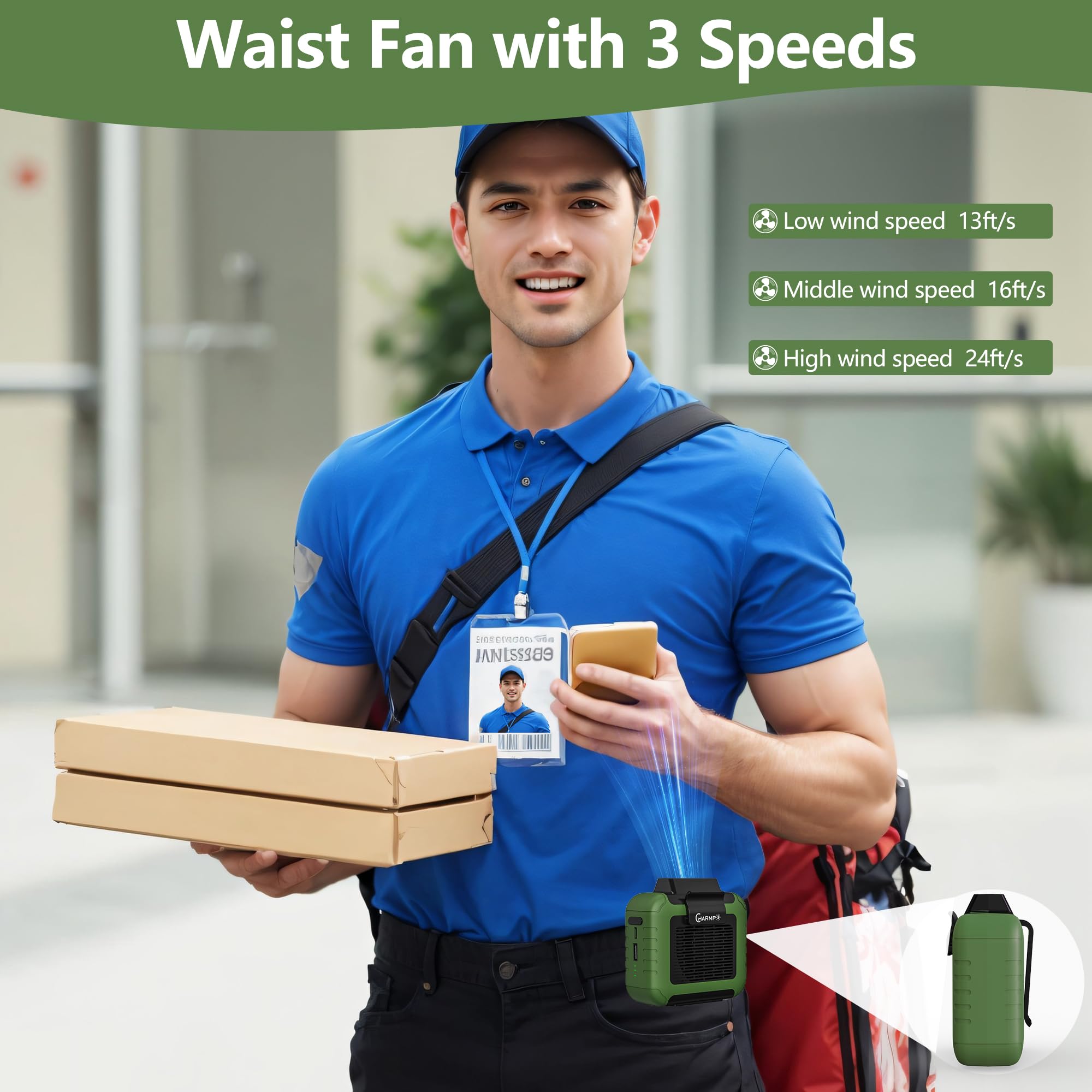 Charmp? Portable Waist Fan   Personal Fan With 6000Mah Battery, Strong Airflow, 3 Speeds, Mini Design, And Up To 16 Hours Workin