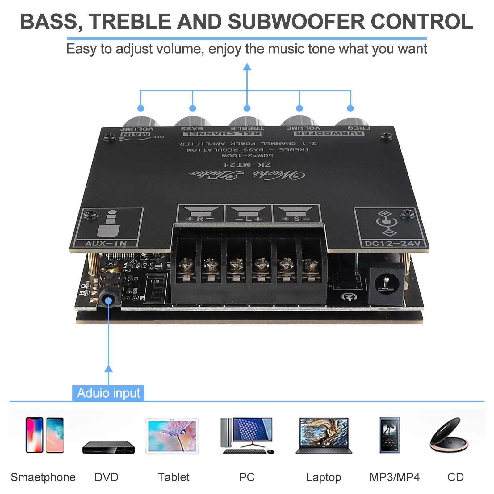 Bluetooth Amplifier Board 2.1 2X50W+100W 12V 24V Audio Power Amplifier Module Bass And Treble Control For Store Home Theater Speakers With Antenna