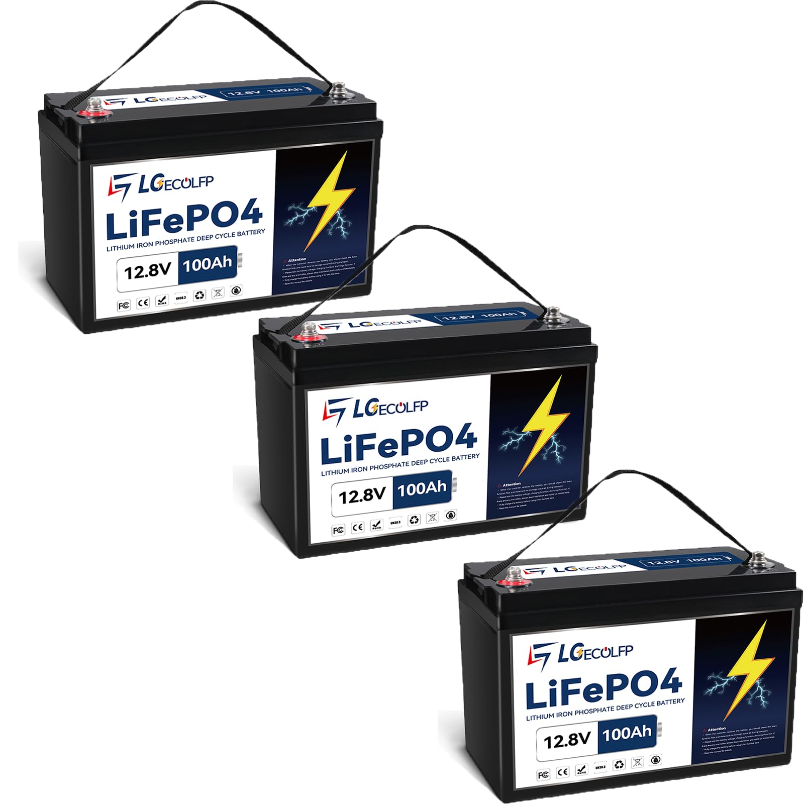 LGECOLFP 12V LiFePO4 Battery 100Ah 3Pack, Lithium Batteries with 100A BMS, 7000+Deep Cycles 12V Lithium Battery, 1280Wh Output P