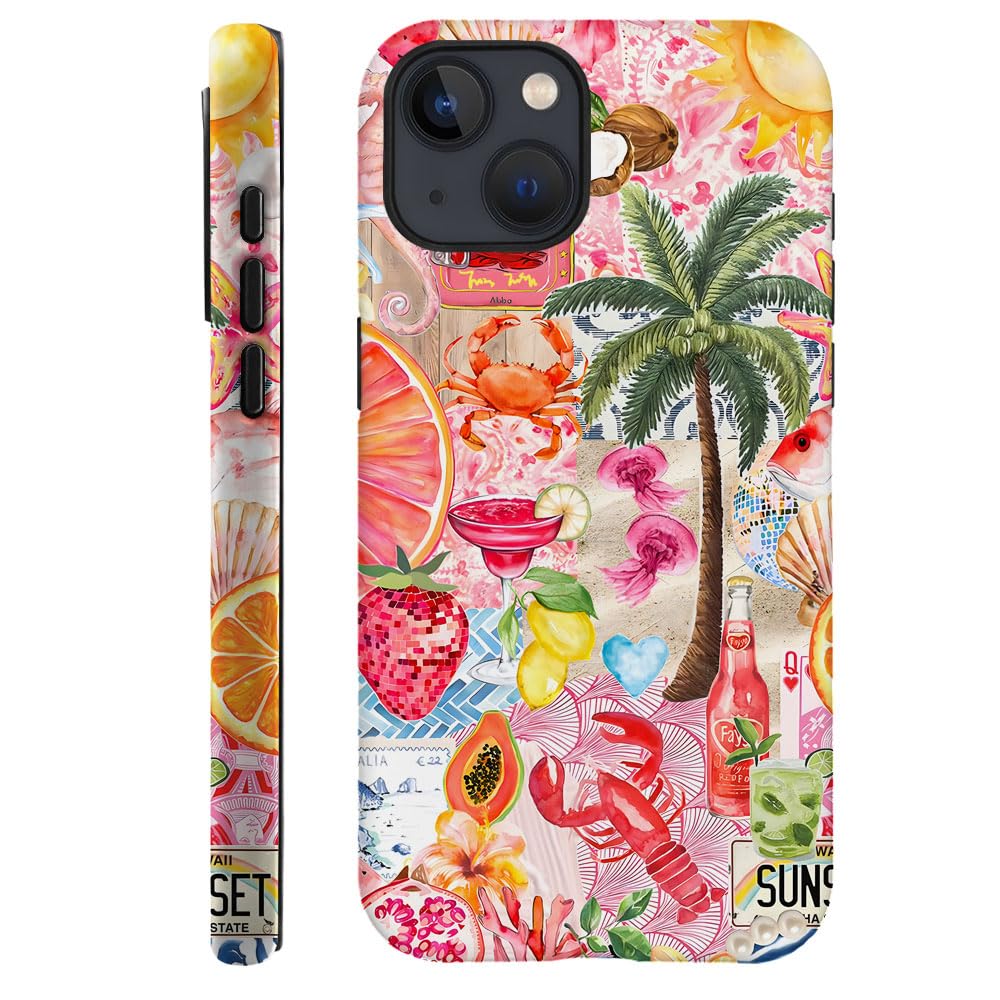 Piodaidy Compatible with iPhone 15,Durable & Shockproof Phone Case Cover Design - Beach Palm Trees Pink Fruits Collage