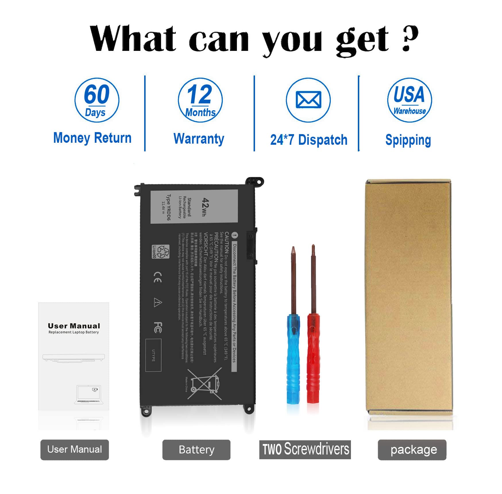 42Wh Yrdd6 Battery For Dell Inspiron 15 3582 3583 3584 P75F 3593 5584 5585 5590 5593 5594 5598 5582 7586 14 3493 5481 P93G 5482