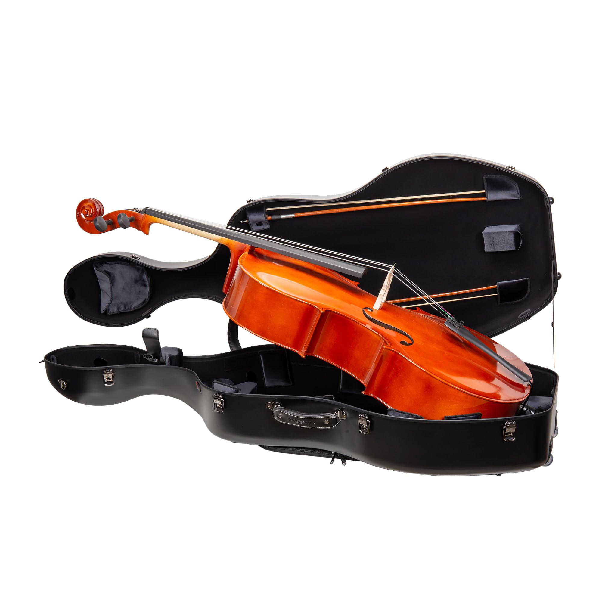 Crossrock Poly Carbon Cello Case for 4/4 Full Size | Black Scratch-Resistant Shell, Black Velvet Interior, Wheels, Music Pouch -