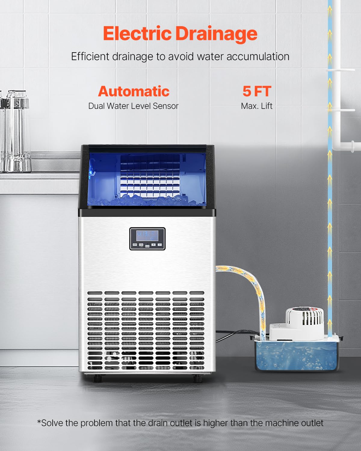 Vevor 100Lbs/24H Commercial Ice Maker Machine With Drain Pump, 33Lbs Storage Capacity Ice Maker, 45 Ice Cubes In 15 Minutes, Led