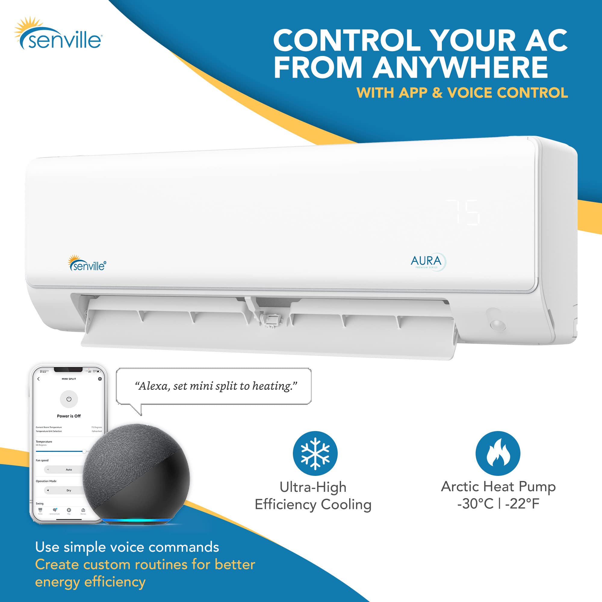 Senville Aura Series Mini Split Air Conditioner Inverter Heat Pump, 12000 Btu, Works With Alexa, Energy Star, White
