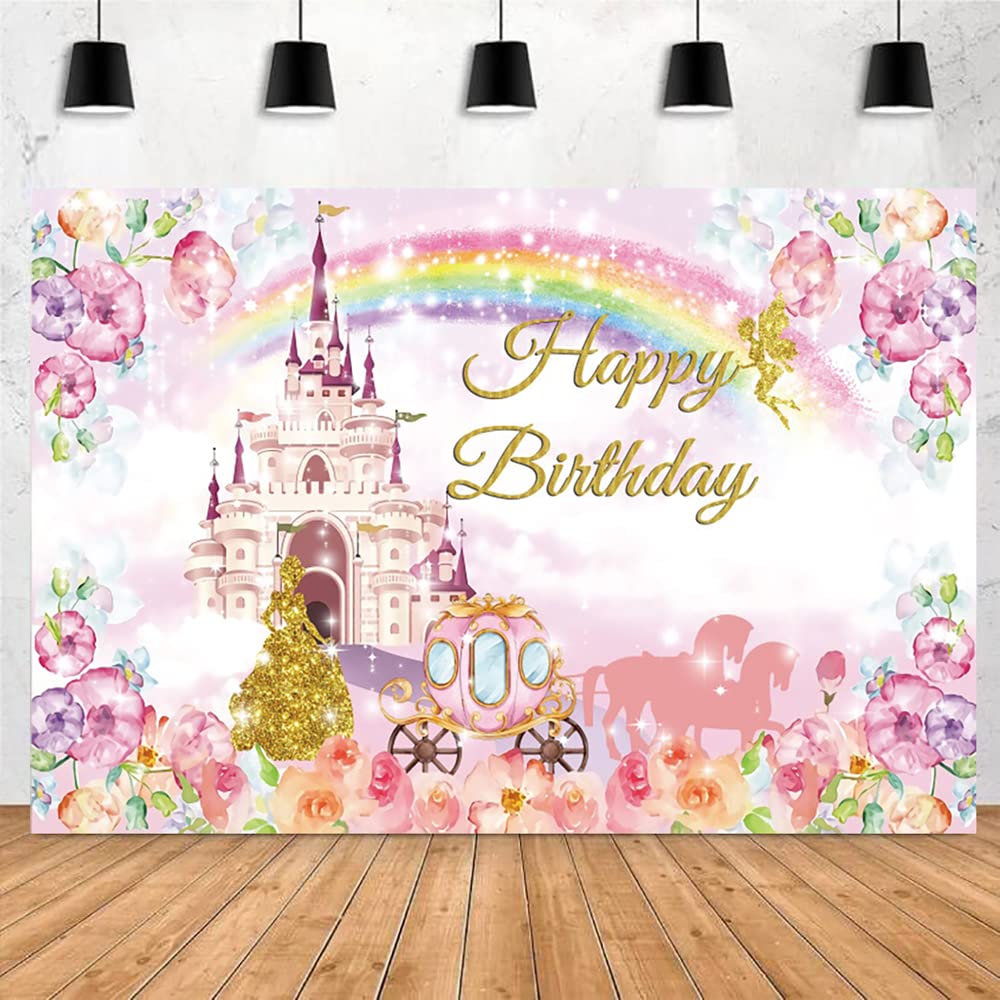 Ofila Princess Castle Birthday Backdrop 7X5Ft Royal Castle Carriage Photography Background Banner Princess Birthday Party Decora
