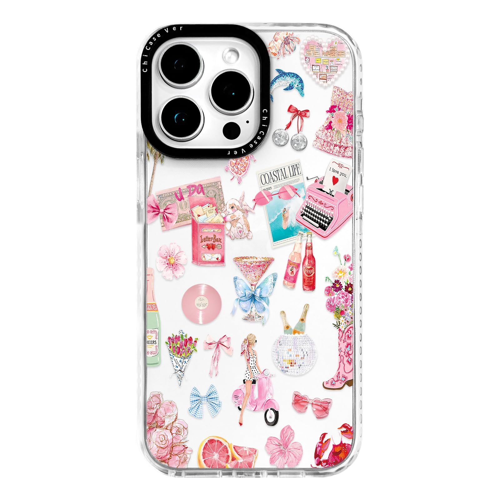 ChiCaseVer for iPhone 13 Pro Max Case, Coastal Romance Collage Pattern with Pink Motifs, Military-Grade Drop Protection, Trendy 