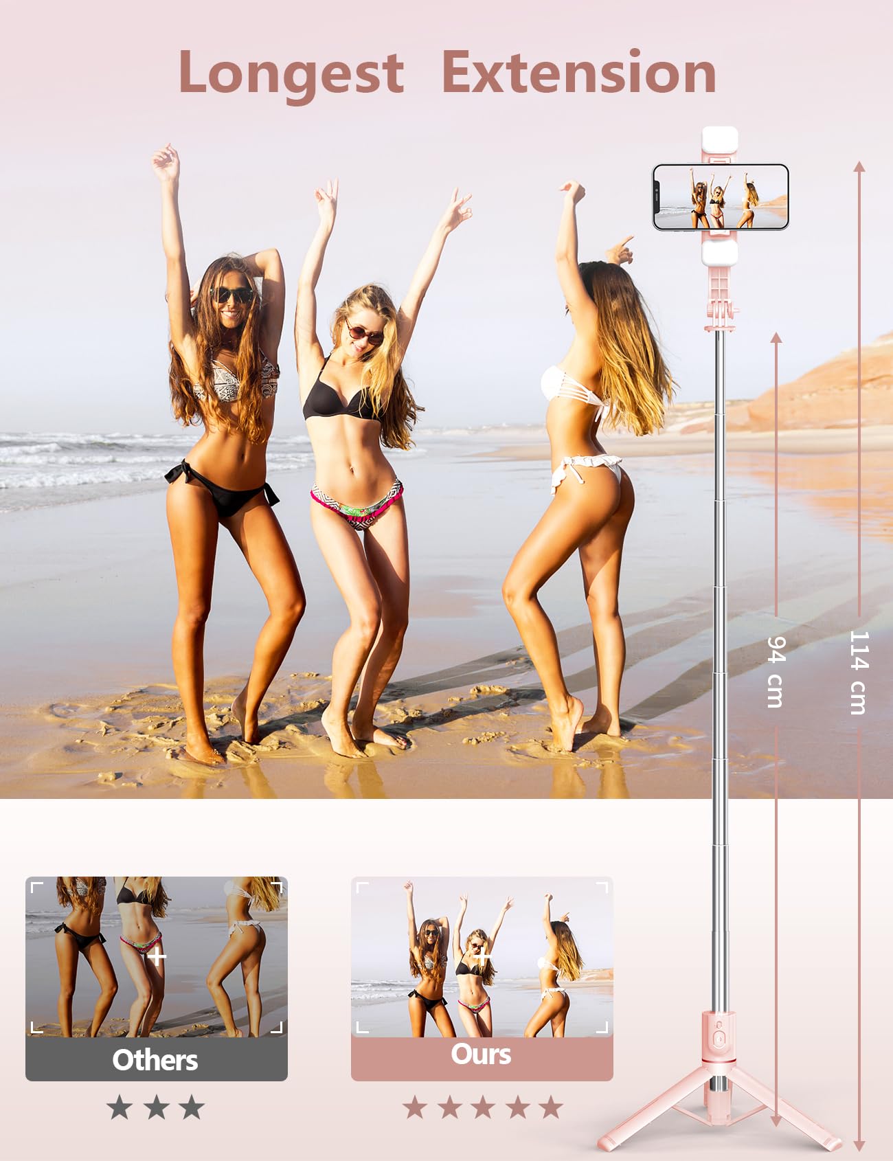 Selfie Stick With Light, 45'' Selfie Stick Tripod With Wireless Remote, Portable Travel Phone Tripod Compatible With Iphone 15 P