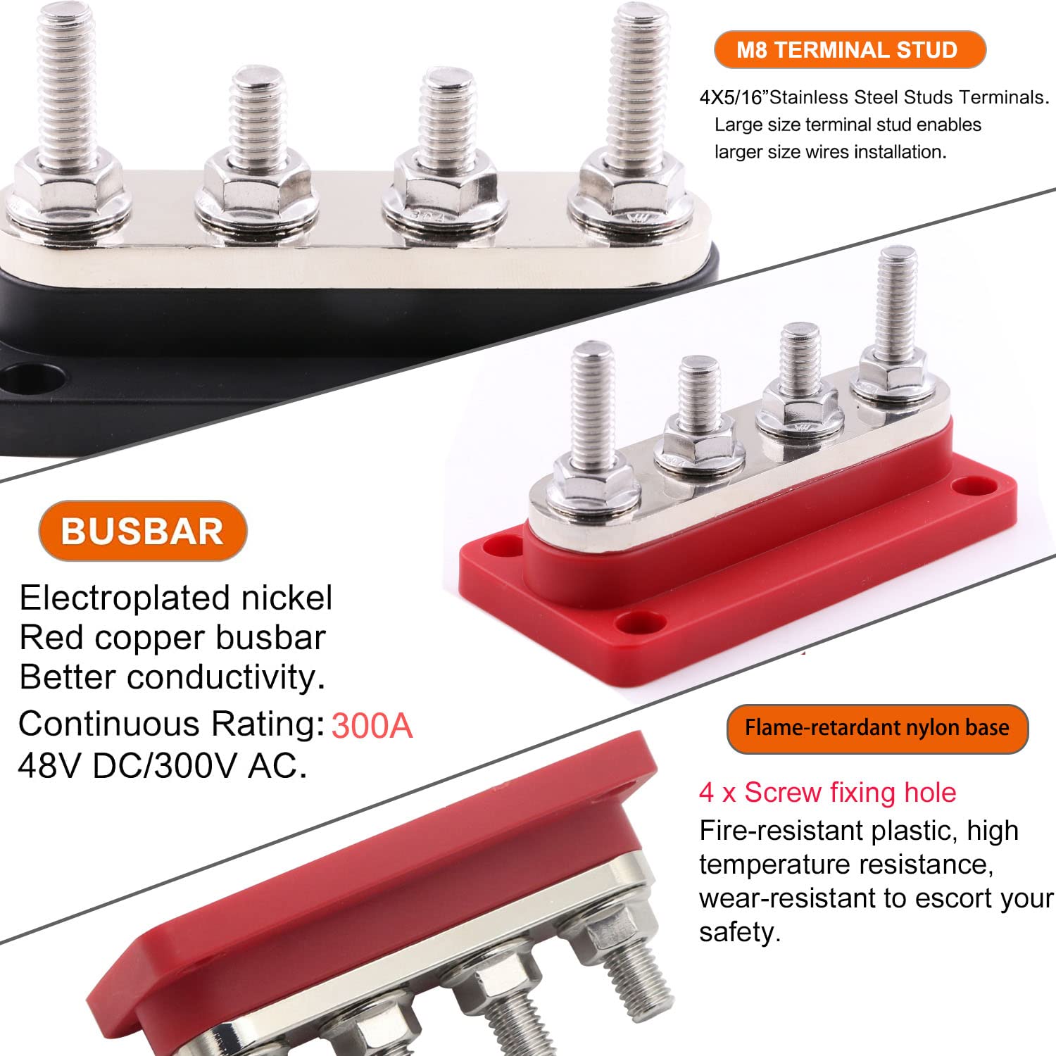 T Tocas 300A Bus Bar 48V Marine 12V Power Distribution Block With Cover 4X 5/16'' (M8) Terminal Studs Max 300V Ac 48V Dc Positiv