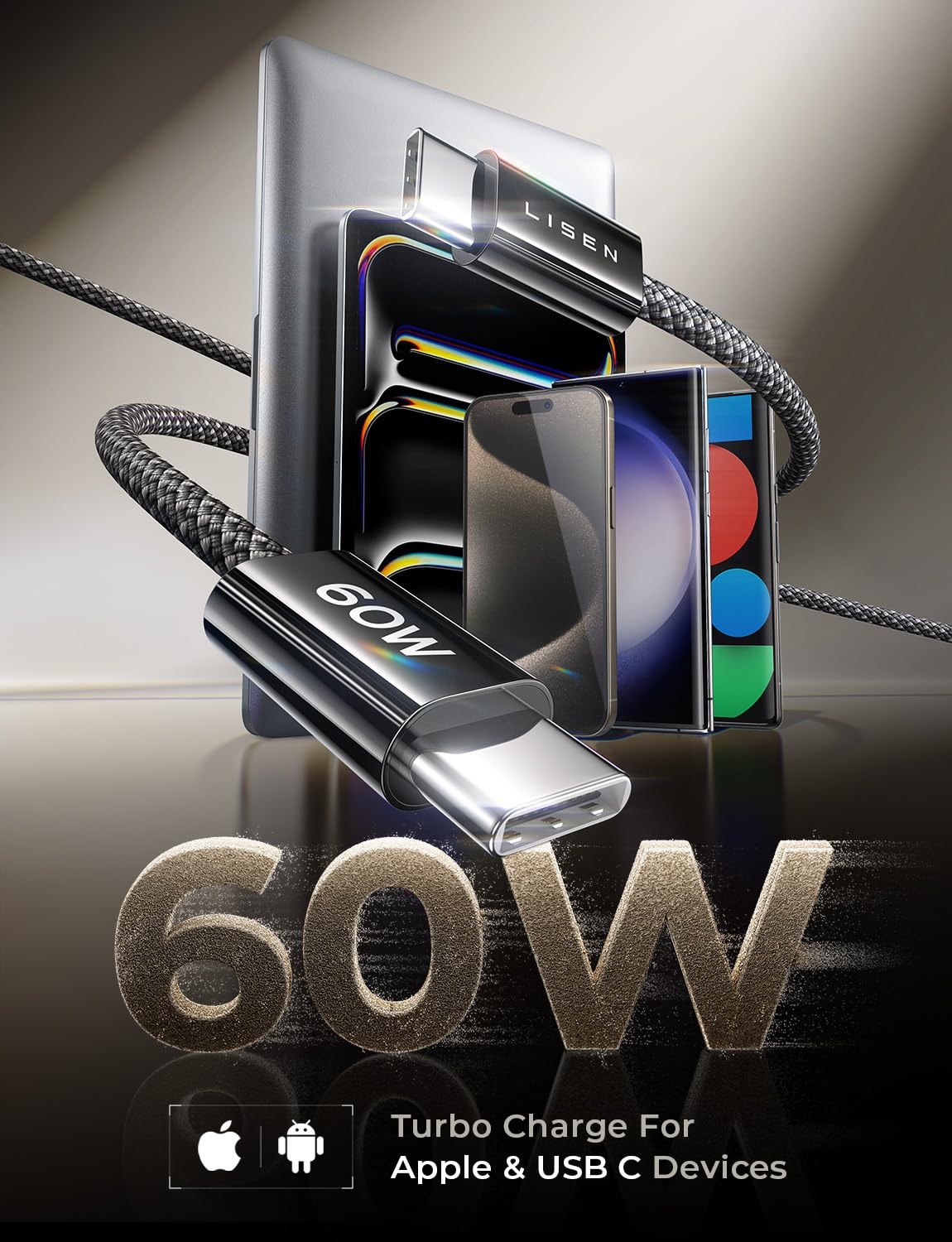 Lisen Usb C Cable, 5 Pack [3.3/3.3/6.6/6.6/10Ft] Usbc To Usbc Cable For Iphone 15 Pro Max Plus, 60W (3.1A) C To C Cable Fast Cha