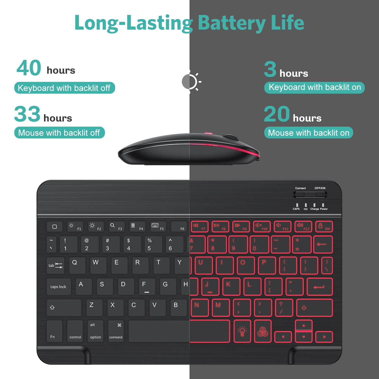 Tecurs Bluetooth Keyboard And Mouse Combo For Ipad   Rechargeable Wireless Keyboard & Mouse With 7 Color Backlit Compatible With