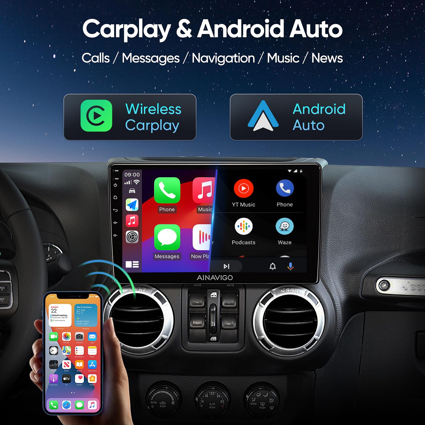 10.2 Inch Car Radio Stereo Upgrade Replacement For Jeep Wrangler Jk Compass Grand Cherokee Dodge Ram With Wireless Carplay/Andro