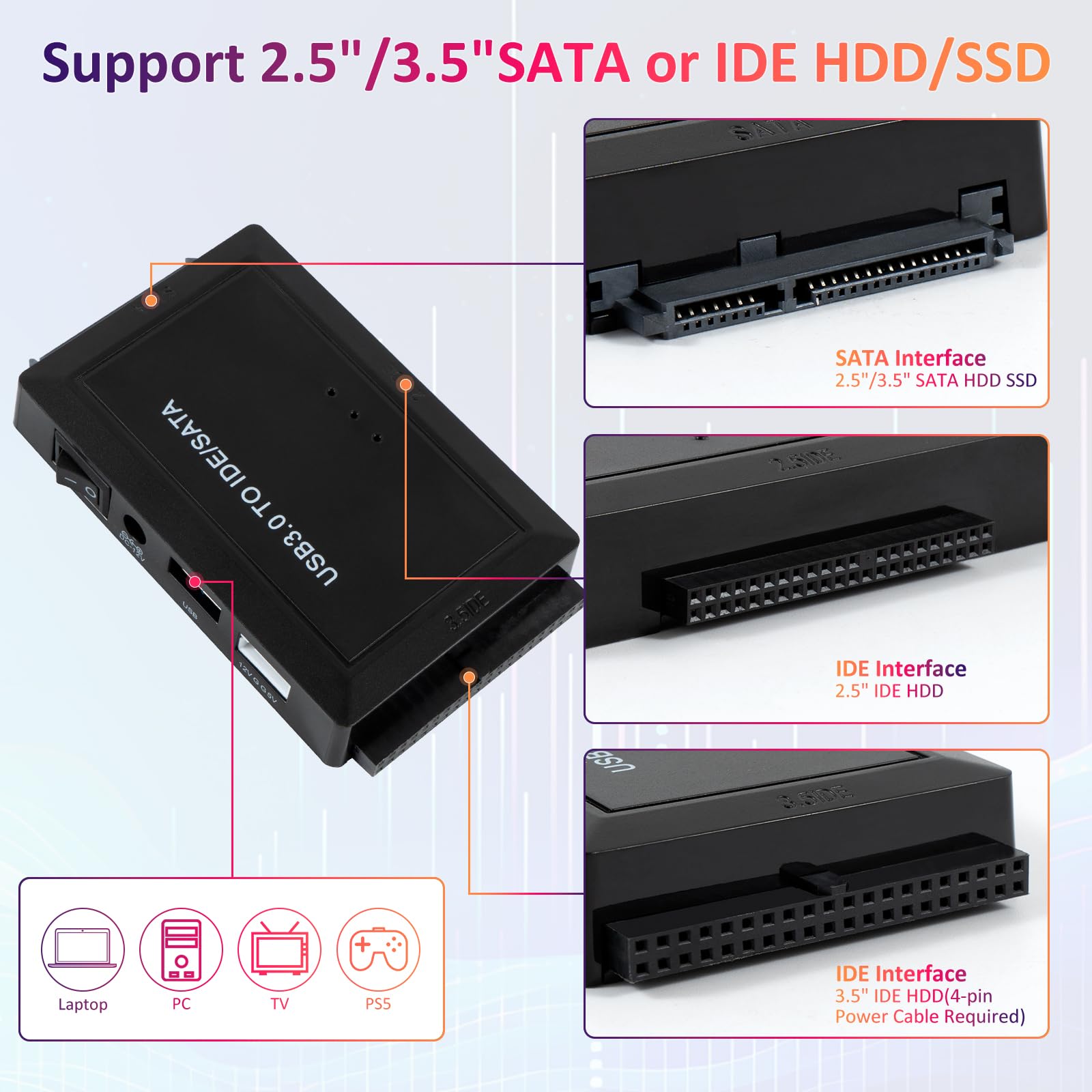 ZWWLRE USB 3.0 to SATA IDE Hard Drive Adapter Cable 2.5/3.5 inch HDD SSD 01IDE Black