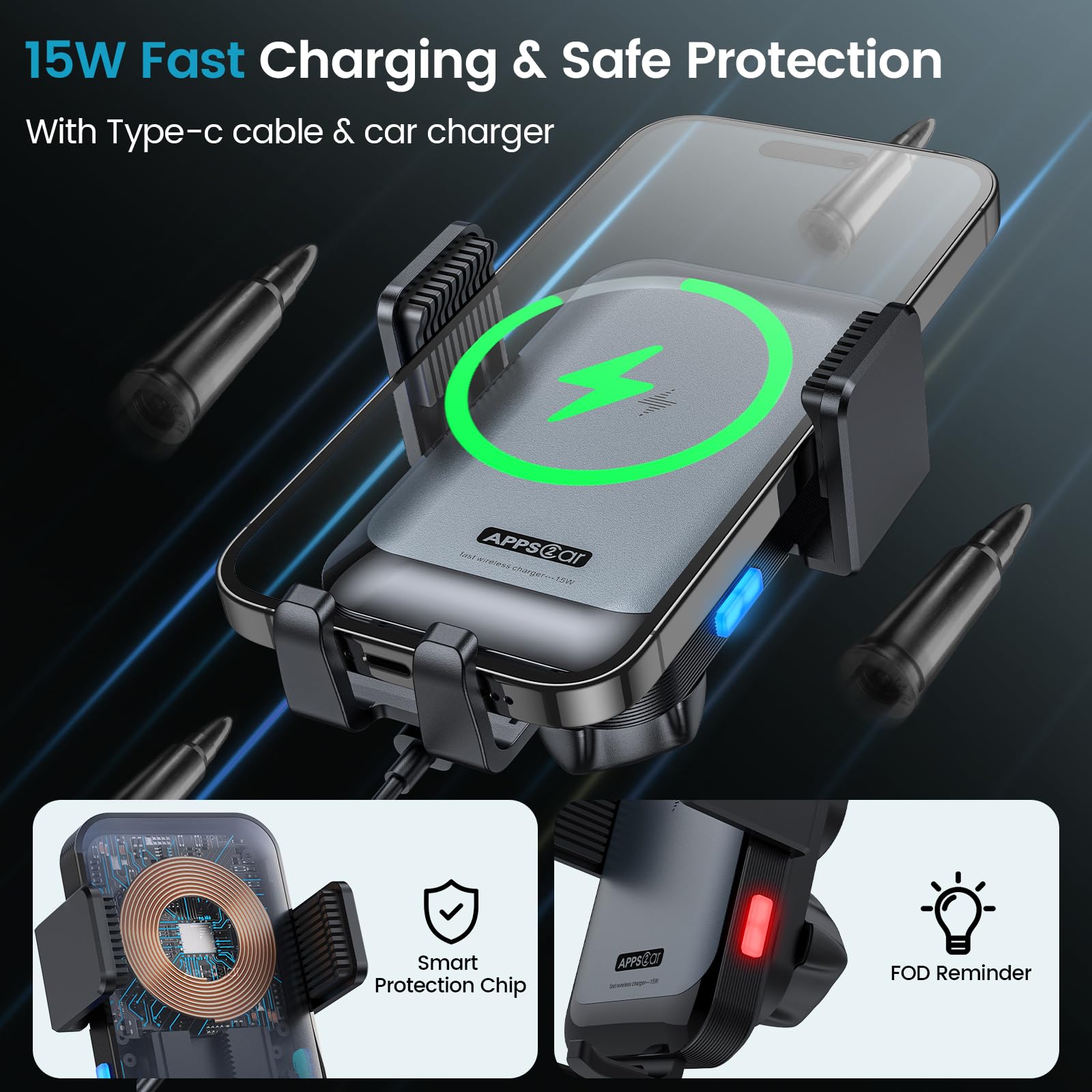 Apps2Car Wireless Car Charger Mount Cd Slot Auto Clamping 15W Fast Charging Cd Phone Holder For Car Wireless Charger Fit For Iph