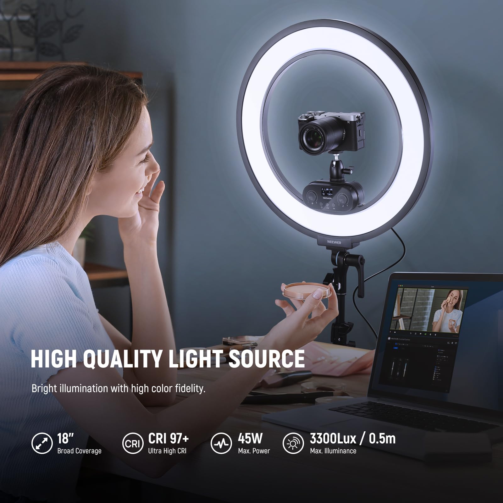 Neewer 18 Inch Edge Lit Ring Light Kit 45W 3300Lux 2900K 7000K 12 Scenes With App 2.4G Pc Mac Control Magnetic Detachable Remote