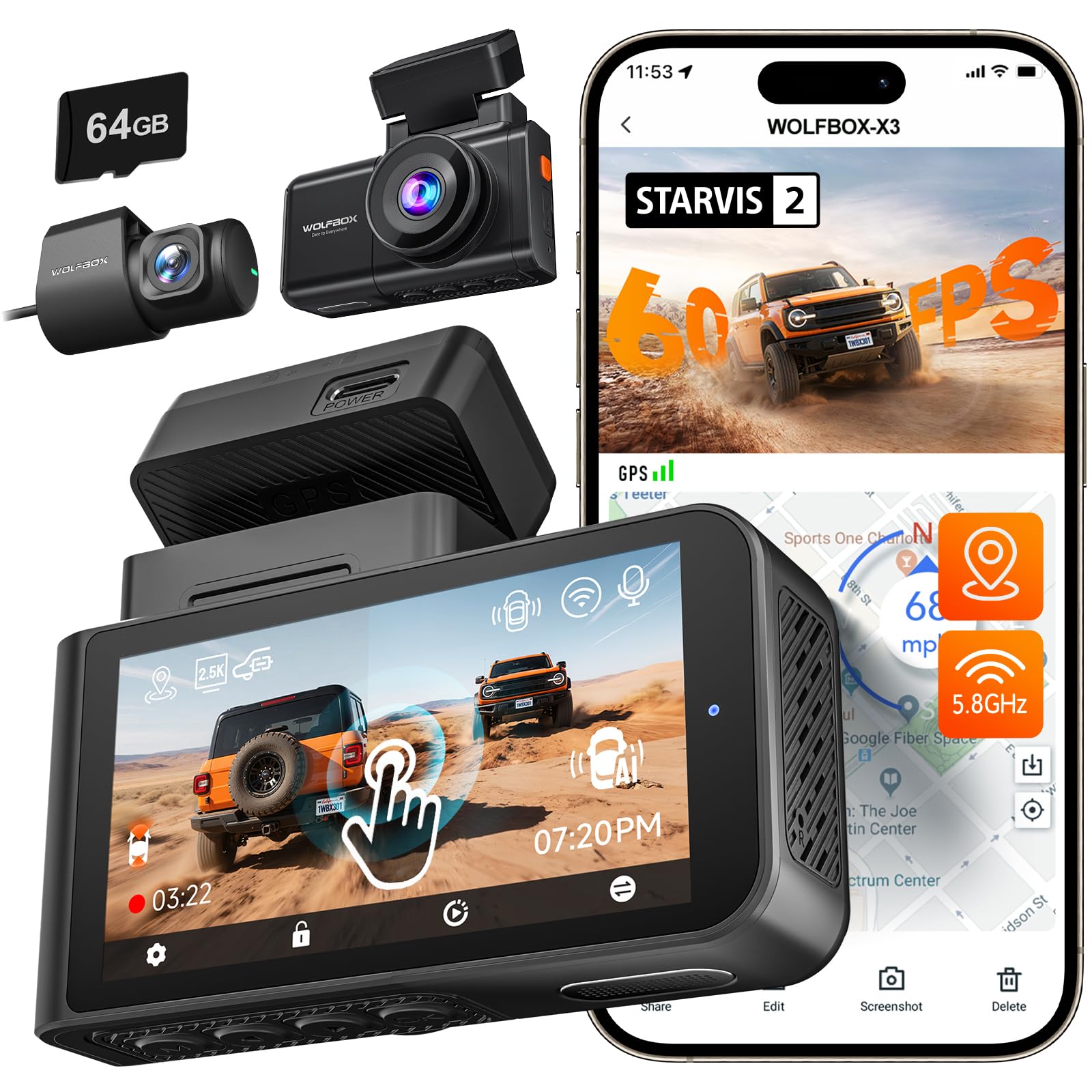 WOLFBOX X3 2.5K 1440P 60FPS Dash Camera, STARVIS 2 IMX675 with ADAS, 1440P+1080P Dual Dashcam Front and Rear Camera with Built-i