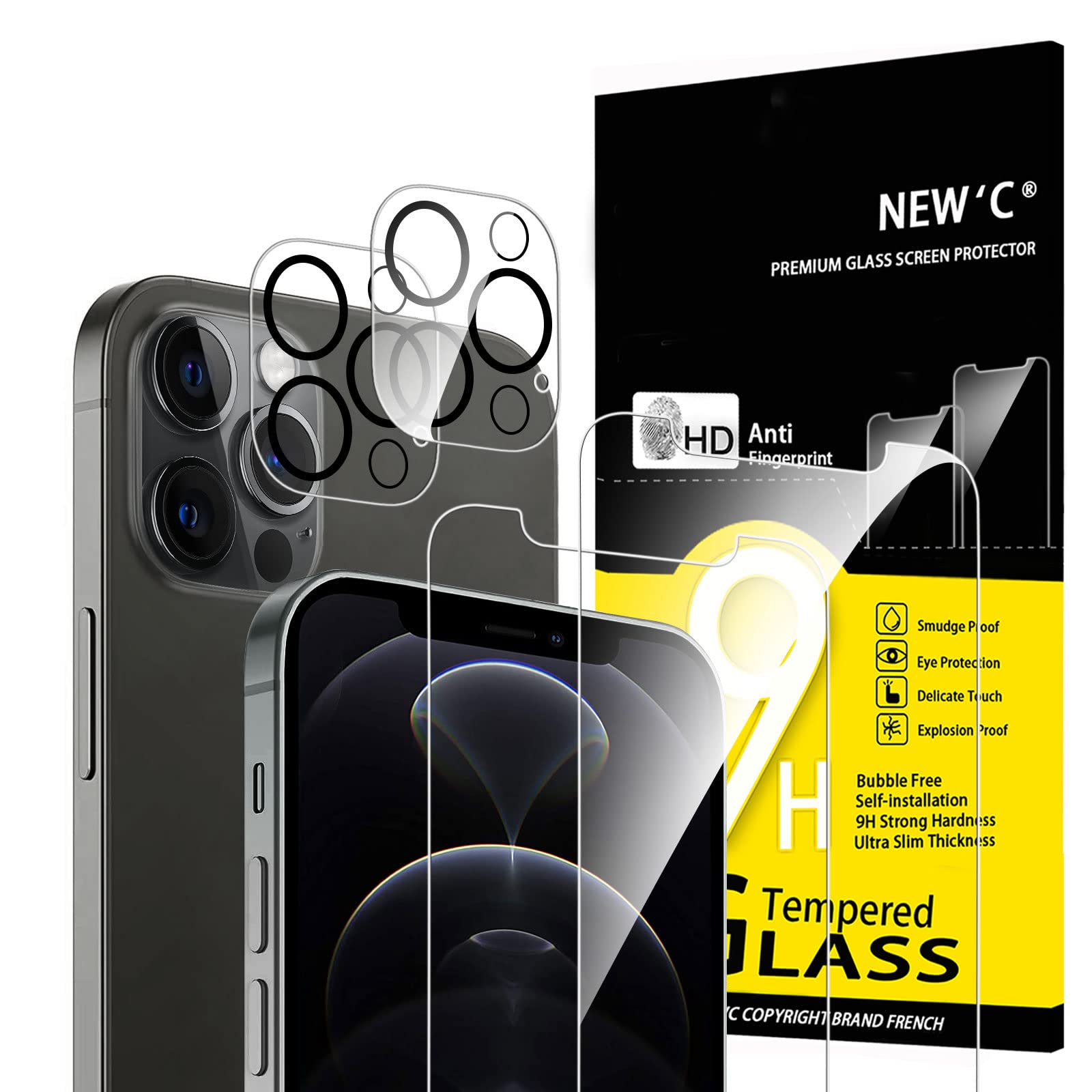 New'C 4 Pack, 2 Pack Screen Protector For Iphone 12 Pro Max + 2 Pack Camera Lens Protector, Sensor Protection,Case Friendly Temp