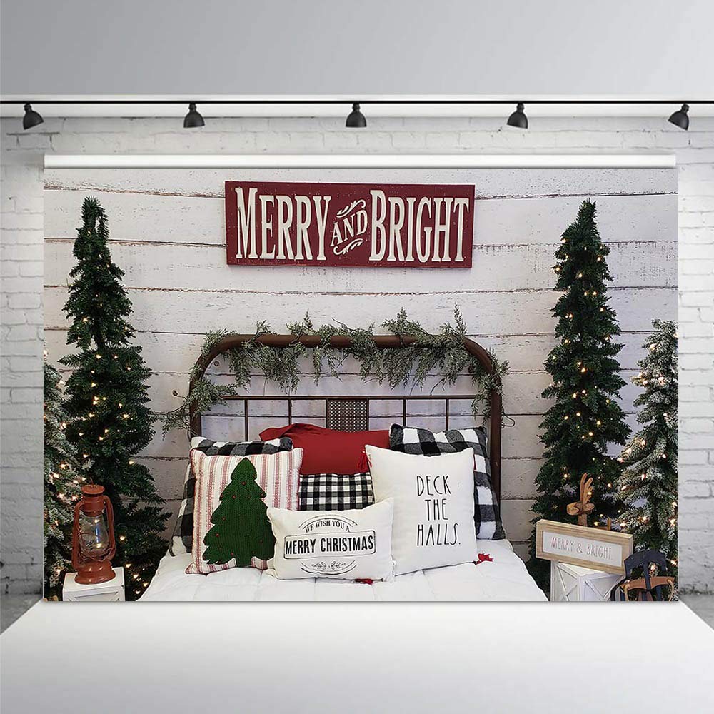 Mehofond 8X6Ft Christmas Photography Background Merry And Bright Christmas Tree Retro Wood Wall Headboard Bed Indoor Backdrops Winter Xmas Family Party Decoration Banner Child Photo Portrait Props