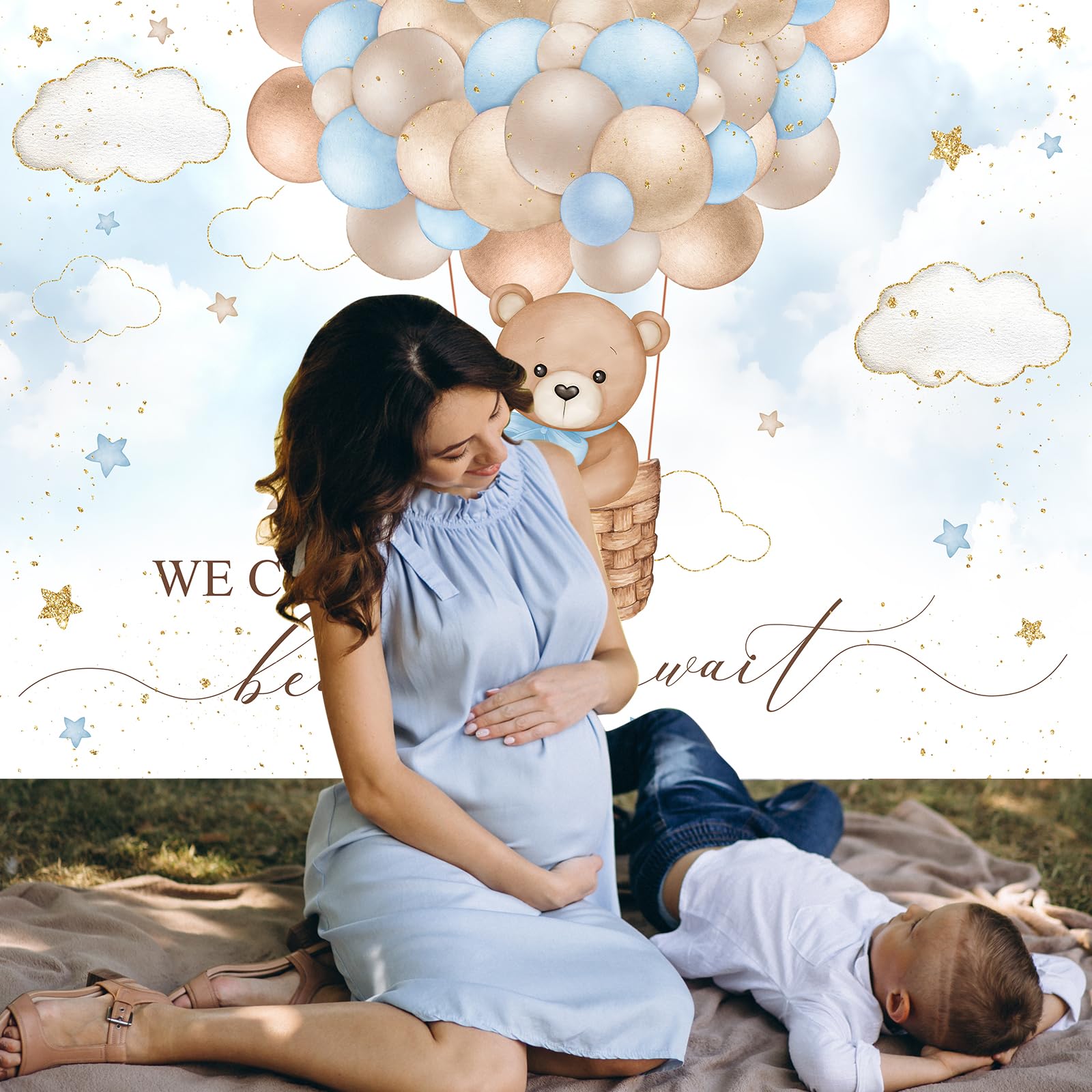 Mocsicka Blue Bear Hot Air Balloon Backdrop For Boy, Background We Can Bearly Wait Baby Shower Party Cake Table Decoration Photo