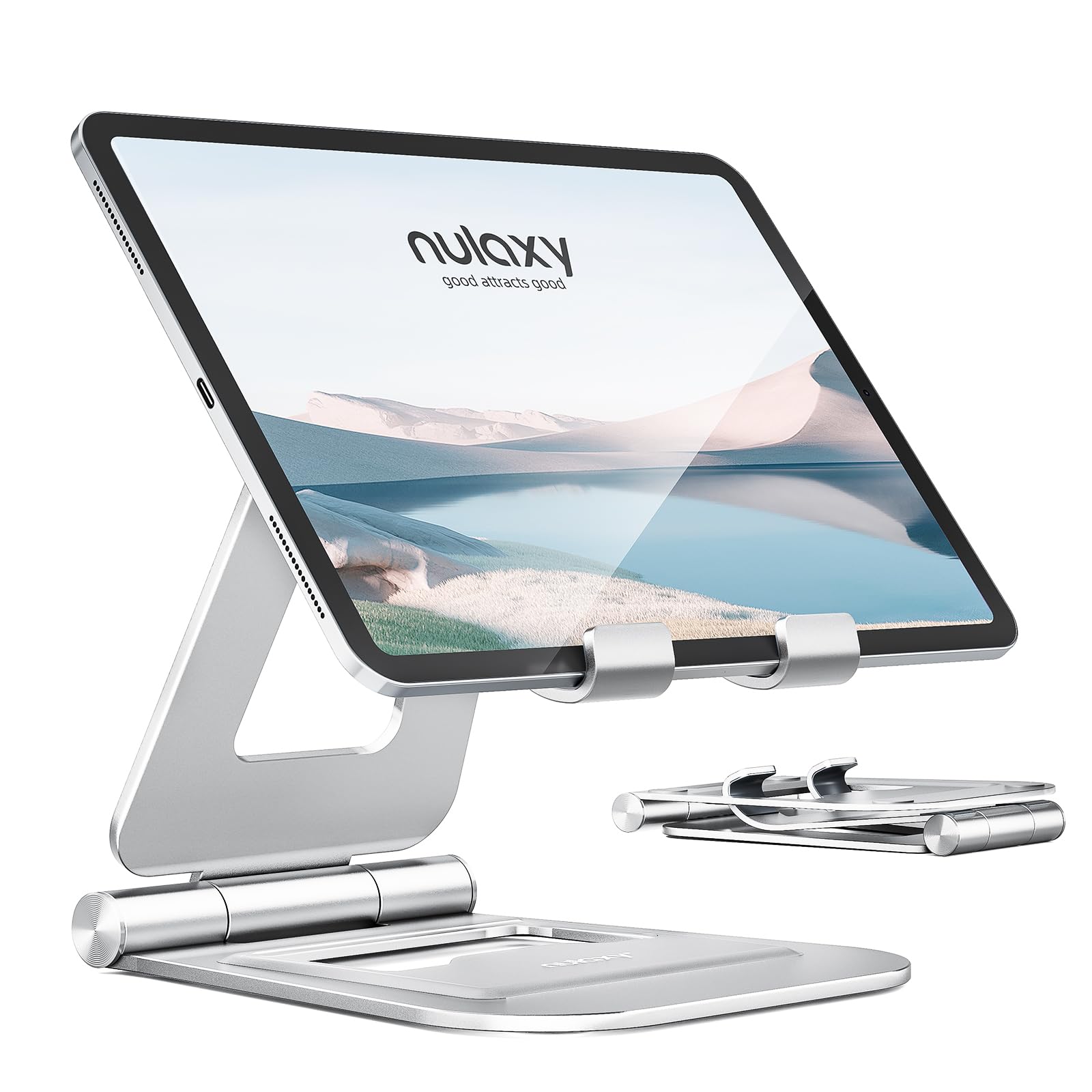 Nulaxy Aluminum Dual Foldable Ipad Stand, Fully Adjustable Desktop Tablet Holder, Ipad Accessories For Office Kindle Compatible With Mobile Devices Ipad Pro/Air/Mini, Iphone Pro/Max/Plus, Silver