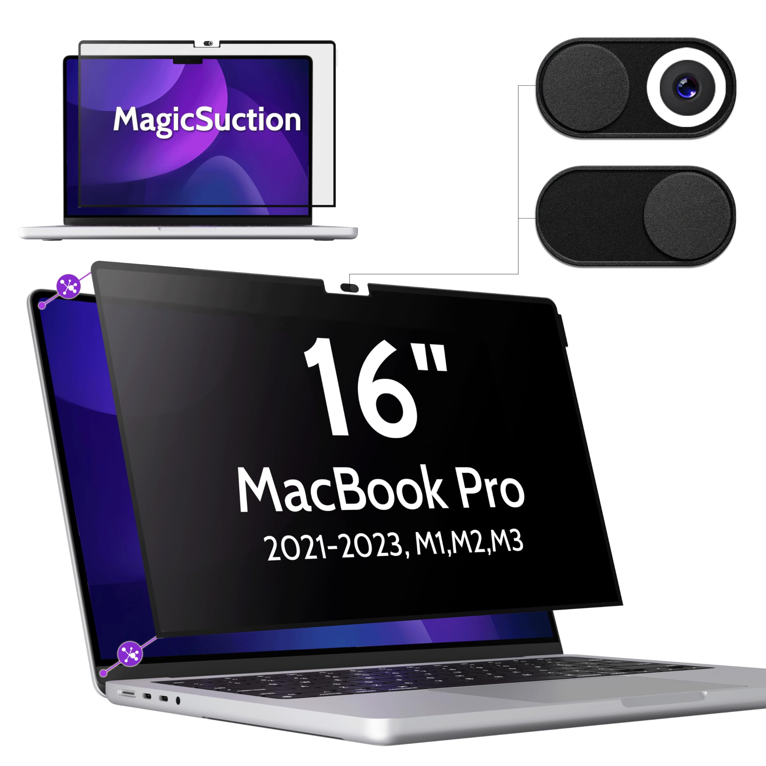 Peslv Privacy Screen For Macbook Pro 16 Inch (2021 2023, M1, M2, M3)   A2991 A2485 A2780, Magicsuction Removable Anti Spy Black 