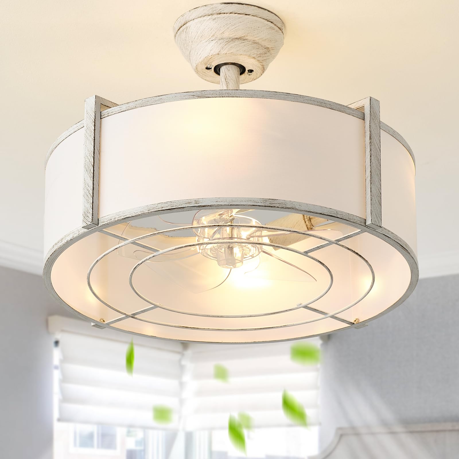 SYDACG 20 Caged Ceiling Fan with Lights, White Fandelier Chandelier Fan with Remote Control, 6 Speeds for Bedroom, Nursery, Livi