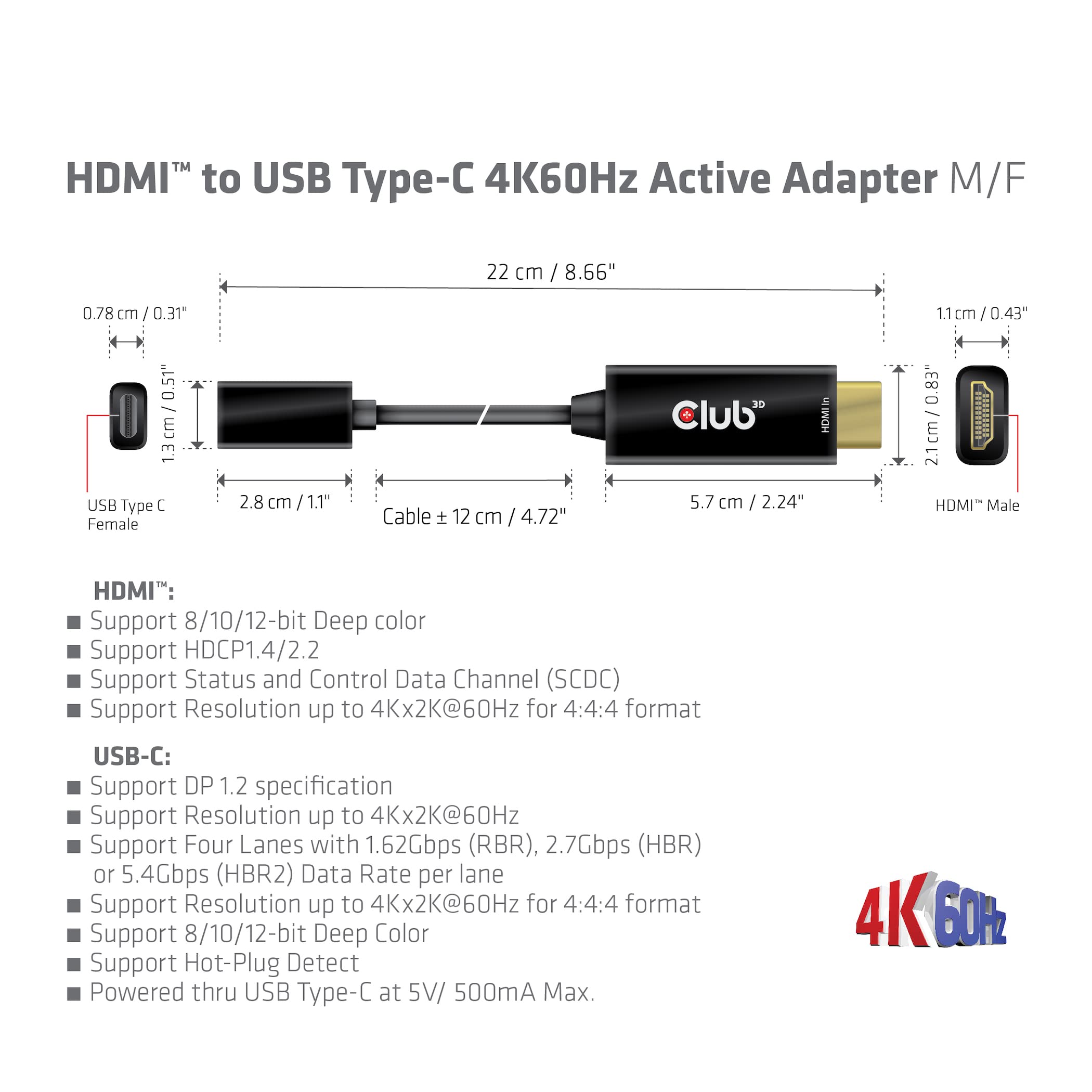 Club 3D Cac-1333 Hdmi 2.0 To Usb Type C 4K60Hz M/F Active Adapter