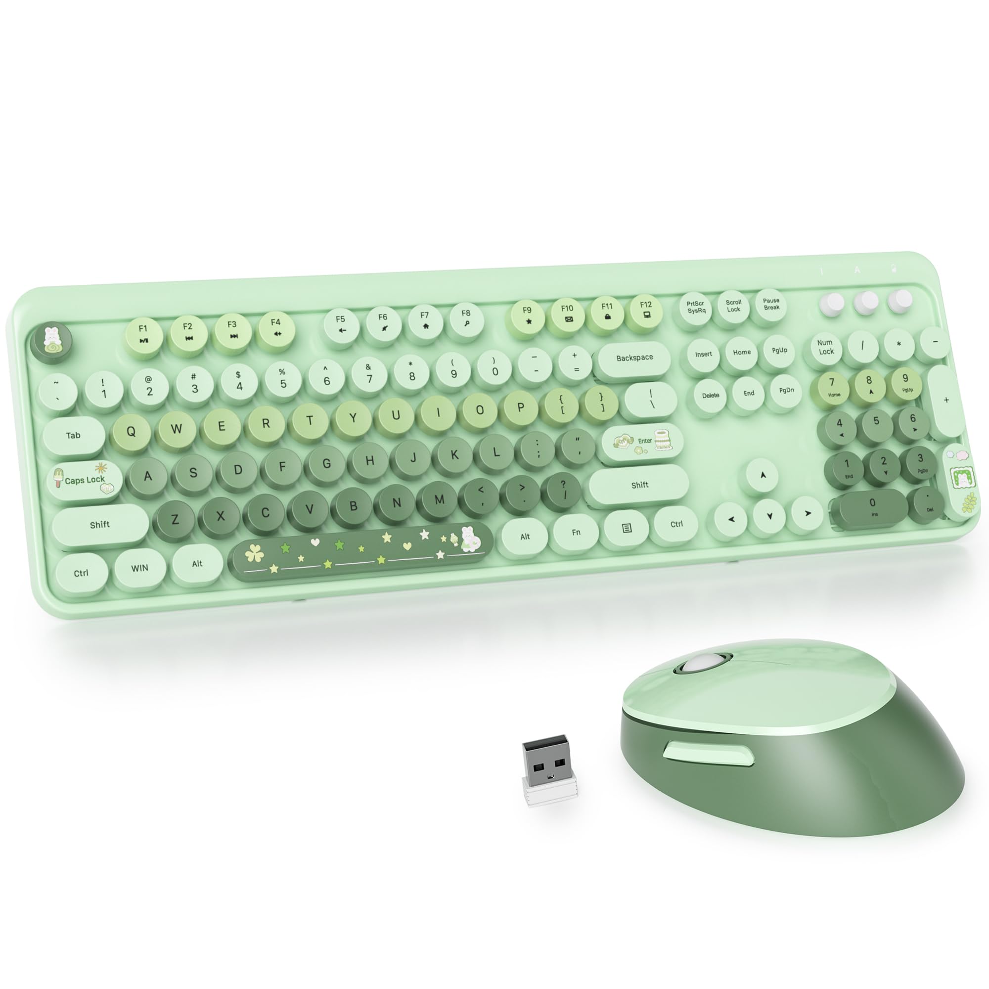 Gtsp Typewriter Colorful Green Wireless Keyboard And Mouse Combo, 2.4Ghz Full Size Retro Cute Office Computer Keyboard With Roun
