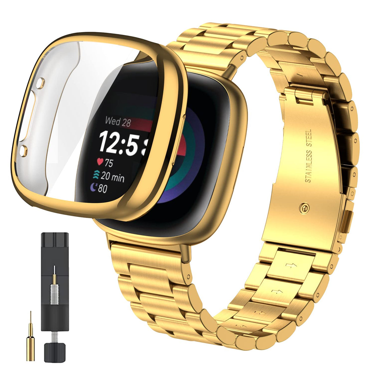 Zpjpplx For Fitbit Versa 4 Metal Watch Band With Soft Tpu Case,Compatible With Fitbit Sense 2 Stainless Steel Strap And Screen P