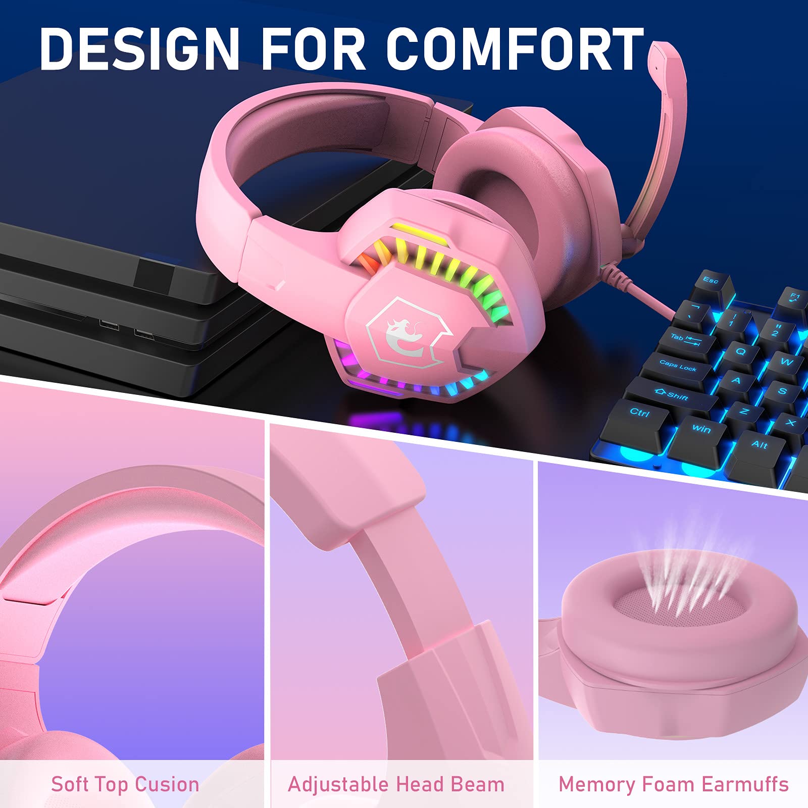 Wired Gaming Headset With Rainbow Rgb Backlight Retractable Noise Isolating Microphone Stereo Sound Deep Bass Memory Foam Earmuf