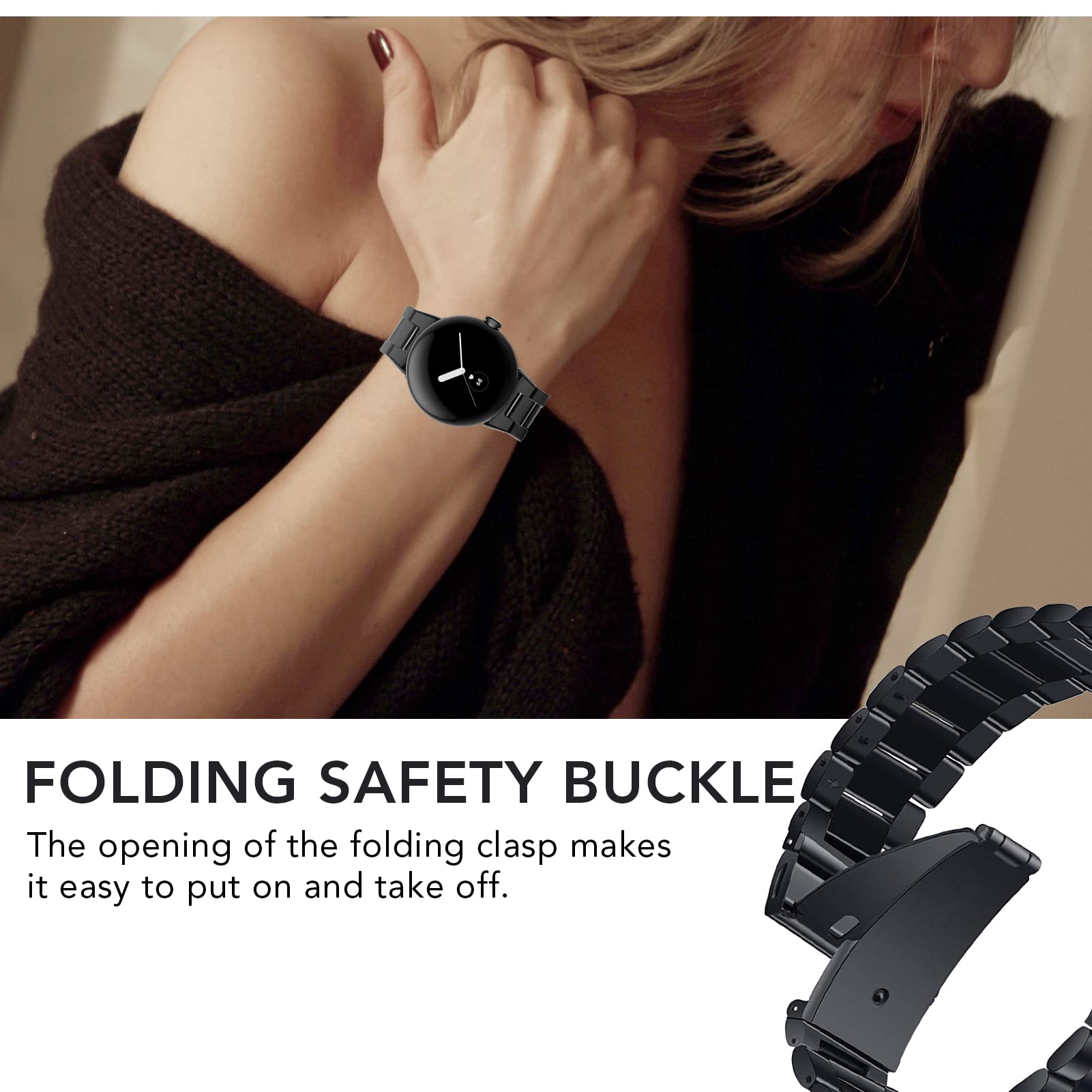 Aresh Compatible With Google Pixel Watch Band Women Men, Stainless Steel Adjustable Metal No Gap Band For Google Pixel Watch Bla