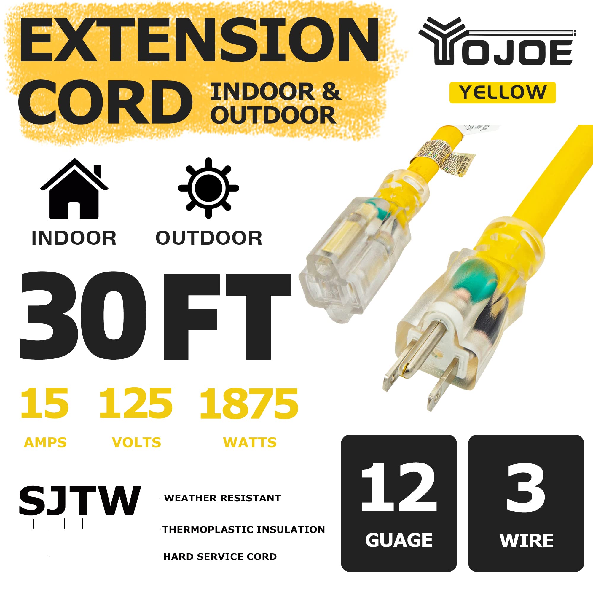 Yojoe Indoor Outdoor Extension Cord With Lighted End, 3 Prong 15A Weatherproof Power Extension Cord, 12 Gauge Heavy Duty 30 Ft Y
