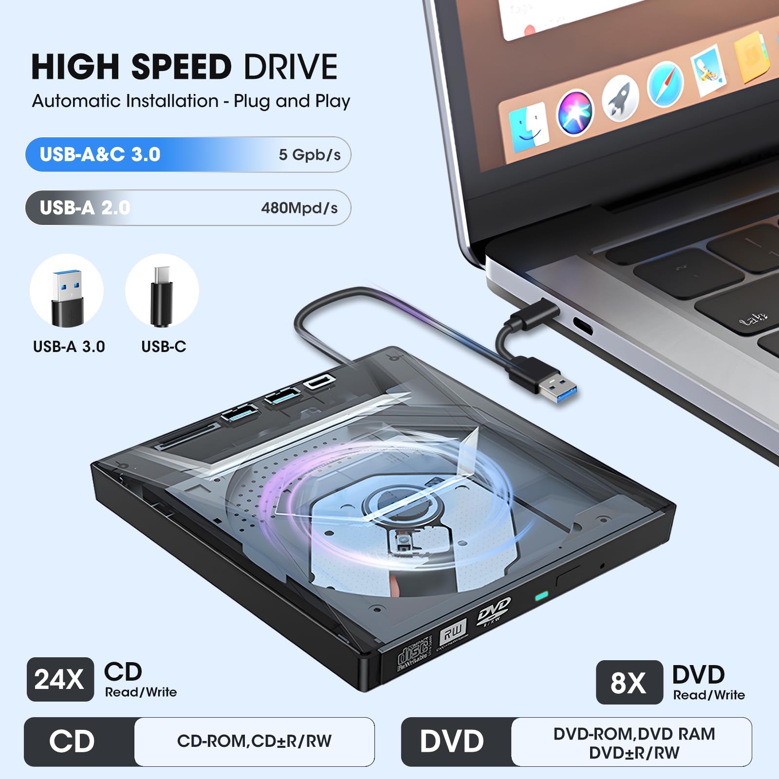 ROOFULL External CD DVD Drive with USB 3.0, Type-C, SD Card Slot, Black, Model B21-Y, Includes Carrying Case for Laptop PC