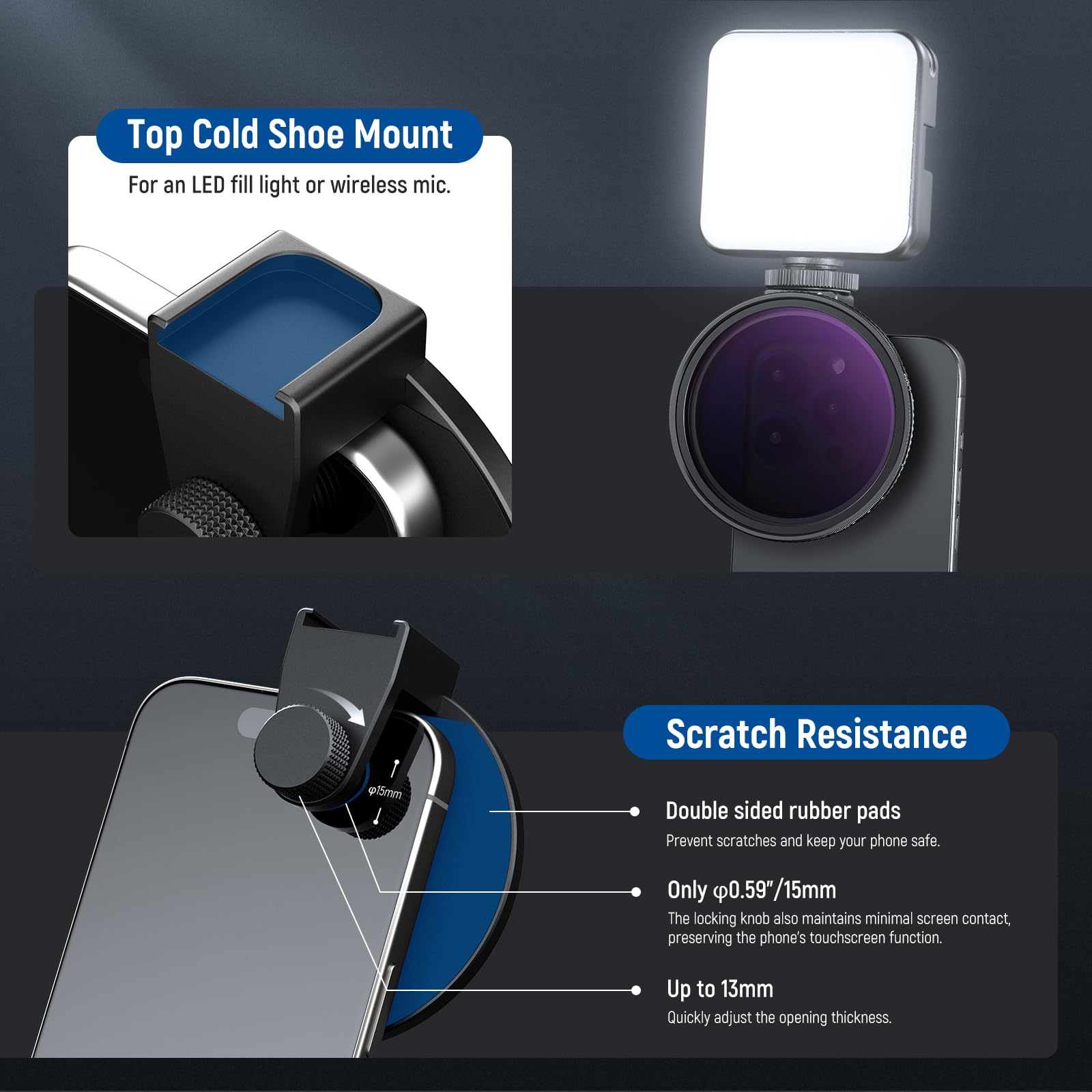Neewer 67Mm Clip On Variable Nd2 Nd32 Phone Lens Filter Kit, Phone Clip With Threaded Adapter Ring/Cold Shoe/Locking Knob, Hd Va