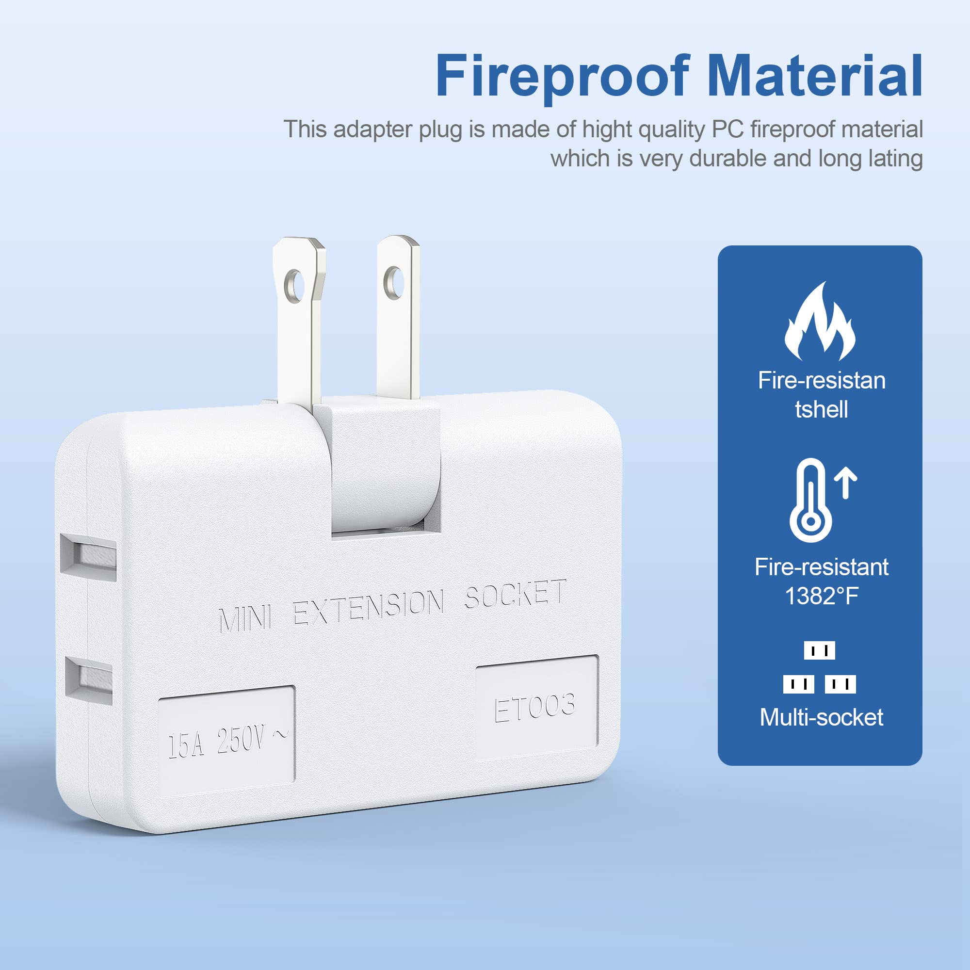 Etwincoo 3 Way Flat Wall Outlet Extender Ac Adapter   2 Prong Swivel Mini Indoor Wall Tap Plug, Outlet Splitter (Quick & Easy In