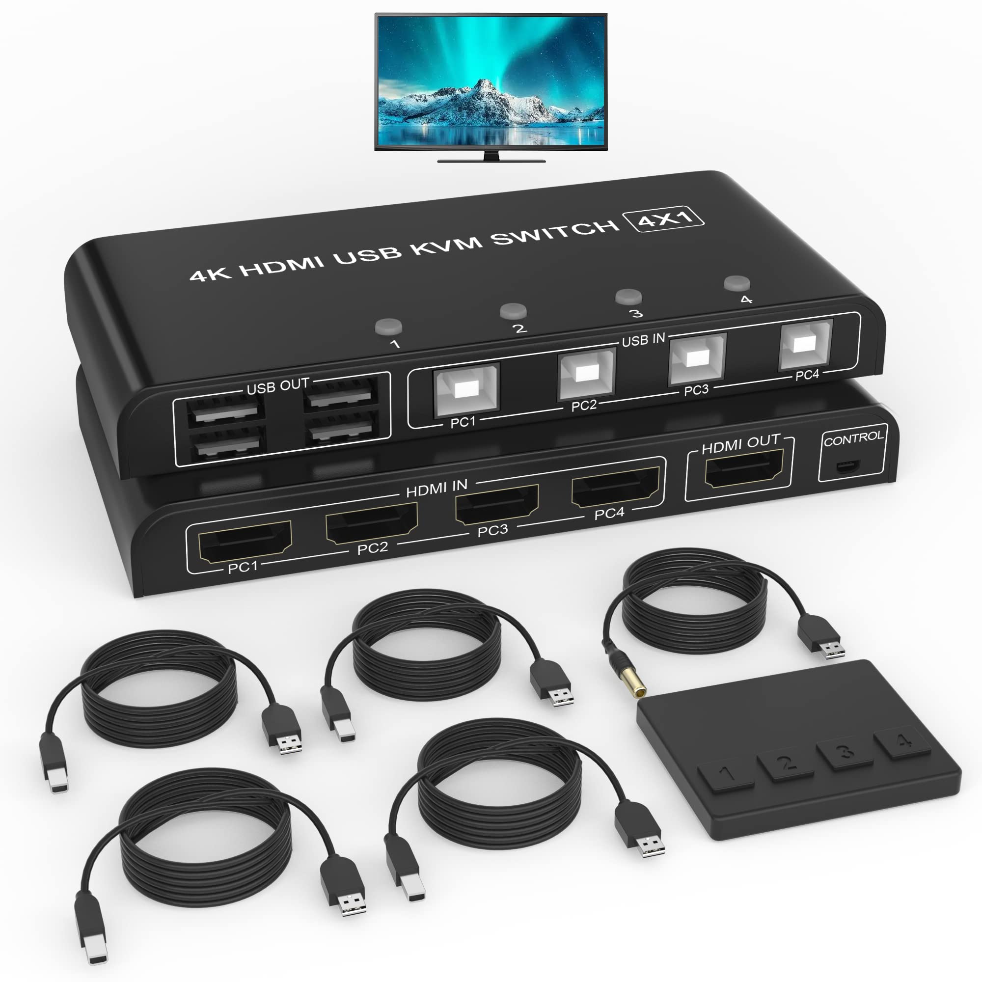 KVM Switch HDMI 4 Ports 4K@60Hz, USB KVM Switch 4 Computers with 4 USB Cables + Button Swapping, Sharing 4K Monitor & 4 USB Keyb