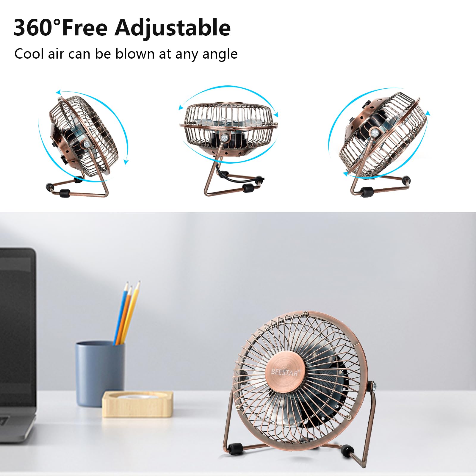 Beestar 4 Inch Desk Small Fan,Usb Mini Fan With Metal Construction,Powerful Usb Powered,360 Rotation Desk Fans Small Quiet,Small