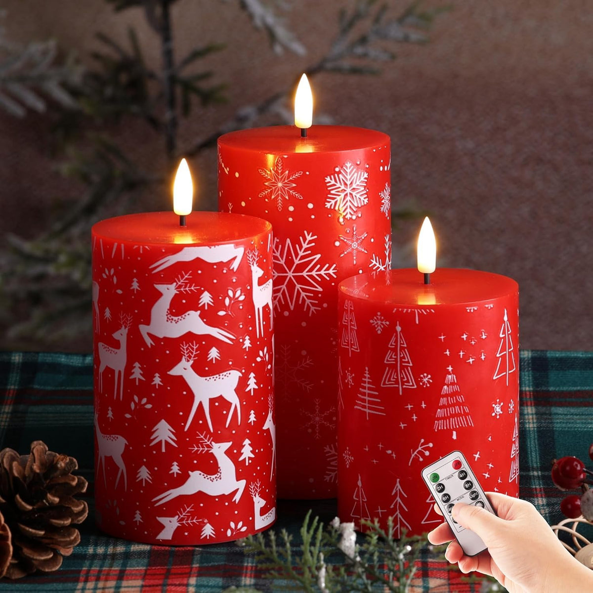 Eywamage Red Christmas Flameless Pillar Candles With Remote, Reindeer Snowflakes Tree Led Wax Candles Set Of 3