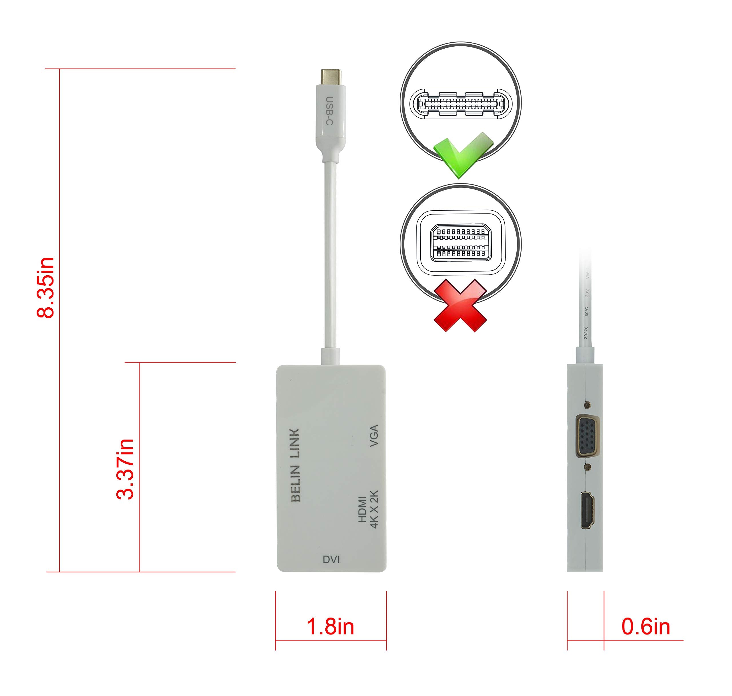 BELIN LINK USB-C to HDMI DVI VGA Adapter 3-in-1 4K UHD Thunderbolt 3 Compatible Gold-Plated White