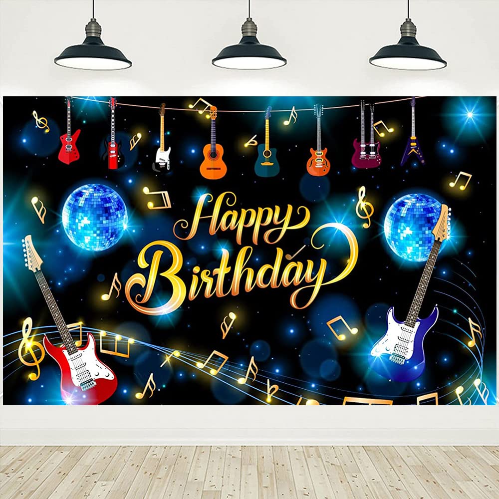 Musical Note Guitar Happy Birthday Backdrop Karaoke Themed Birthday Photography Background Rock and Roll Party Decorations Banne