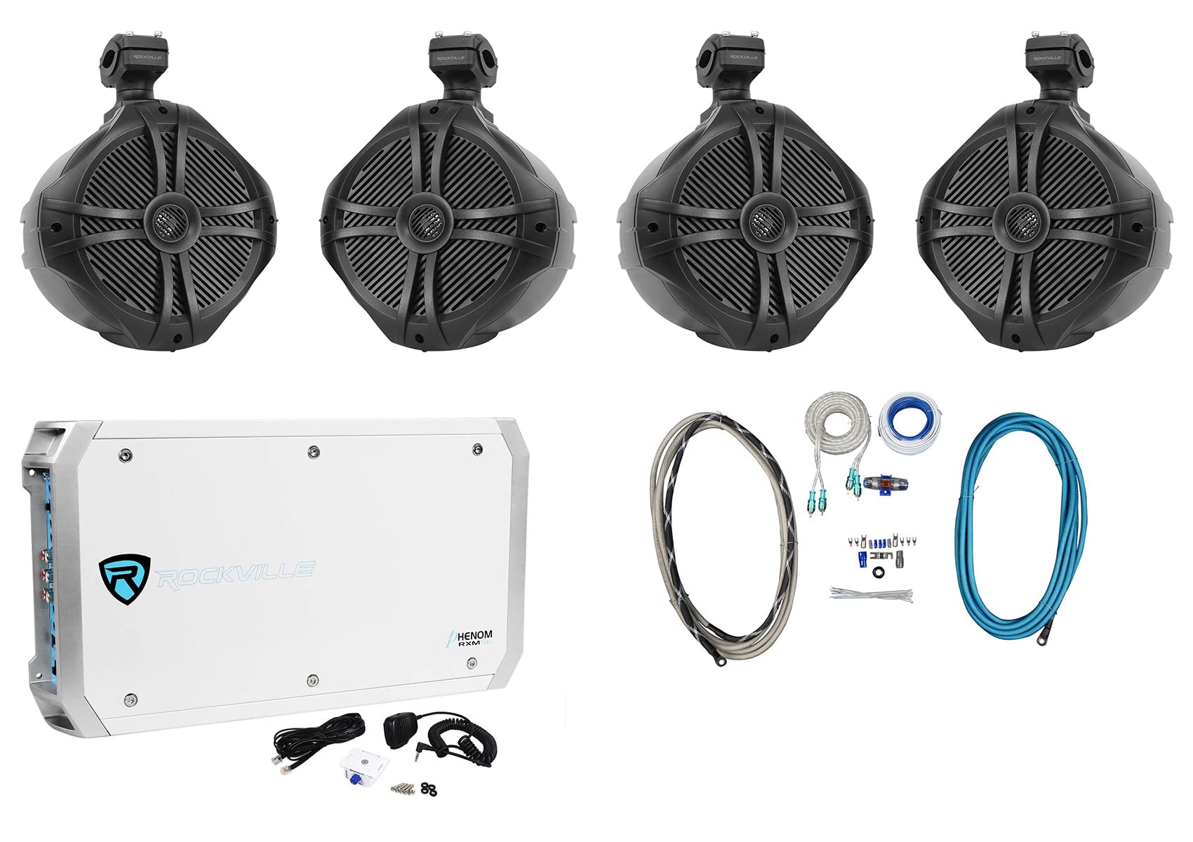 Rockville RMWK4 Bundle: 4 AWG Gauge Marine Amplifier Install Wire Kit, (2) Pair RWB90B 8 in 300W Wakeboard 360 Swivel Speakers,