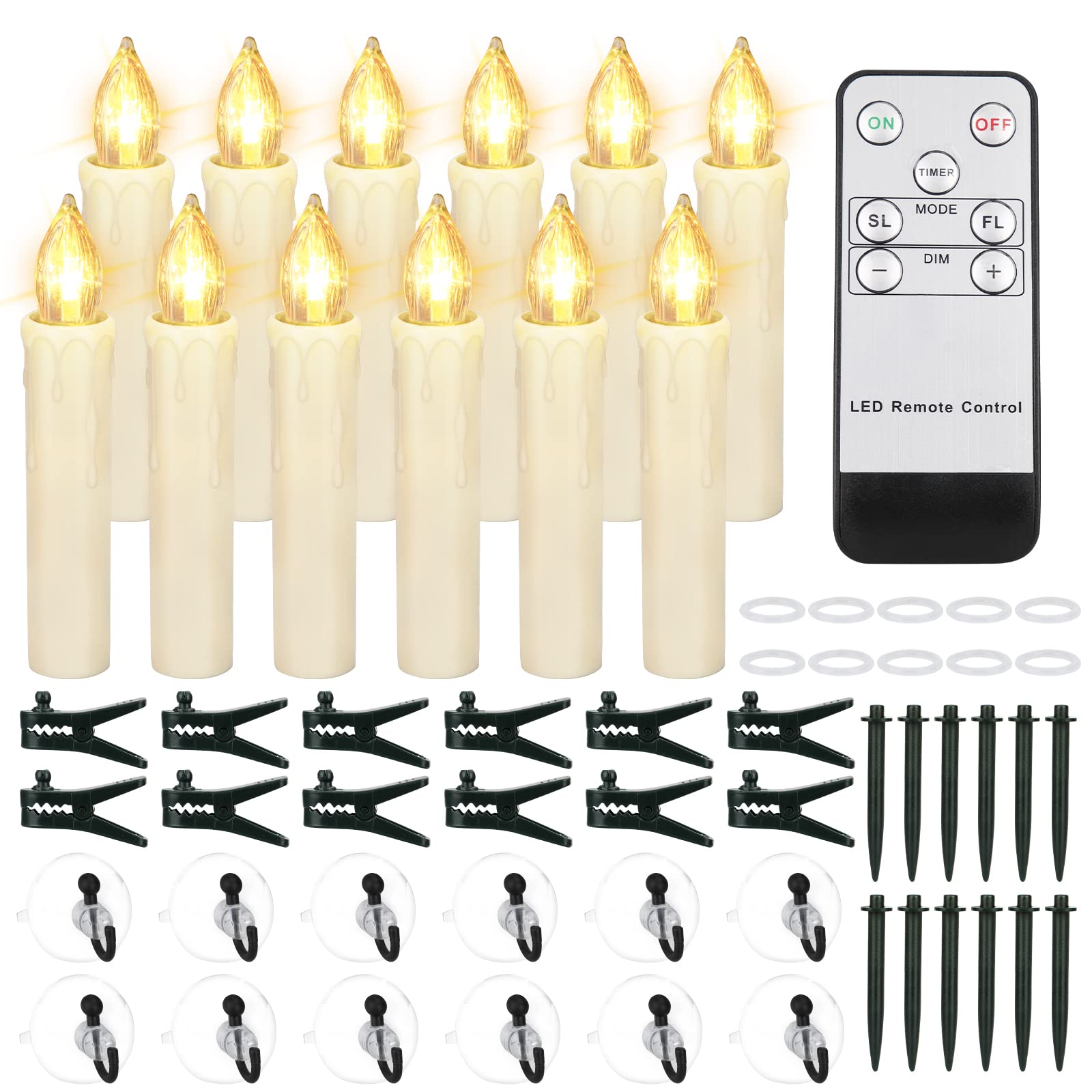 Fpoo 12 Pcs Flameless Flickering Window Candles With Timer Remote, Battery Operated Led Taper Christmas Tree Candles Lights With
