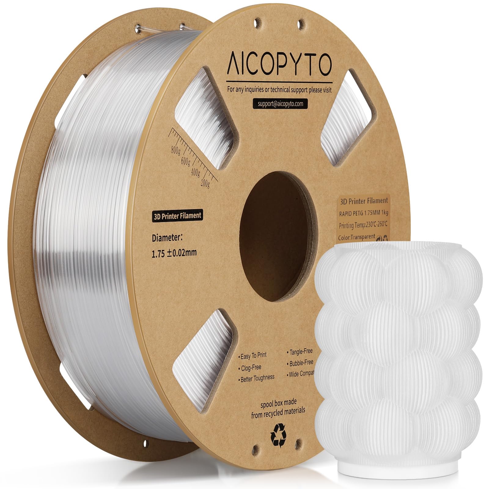 AICOPYTO Rapid PETG Filament 1KG Clear, High Speed 30-600mm/s 3D Printer Filament PETG 1.75mm Dimensional Accuracy +/- 0.02mm, 1