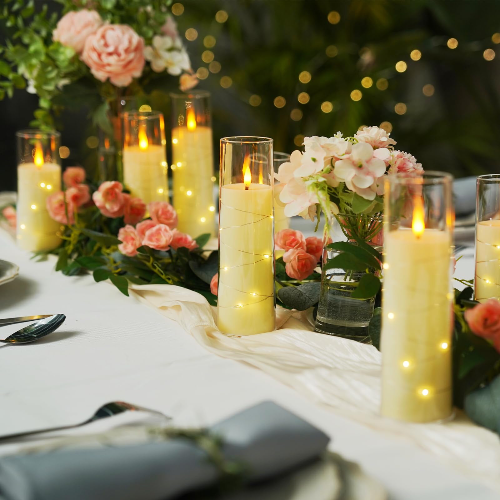 Raycare Flameless Led Candles With Embedded Star String, 9 Pcs Battery Operated Acrylic Pillar Candles With Timer And Remote, Fl