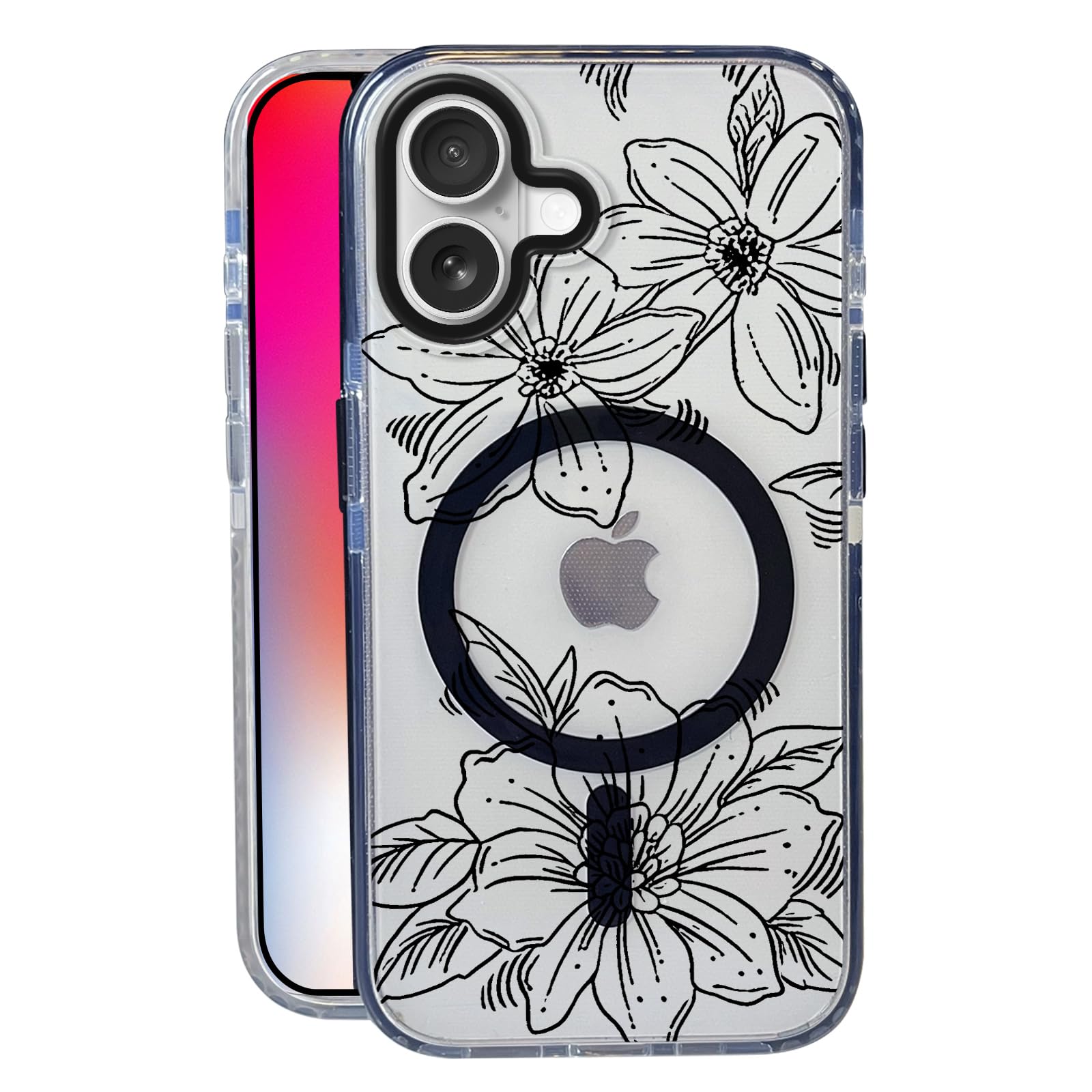 Nimeey Black Line Floral for iPhone 17 Case,MagSafe Compatible,Matte Soft Slim Shockproof Cover,Anti-Fingerprint,Anti-Yellowing,