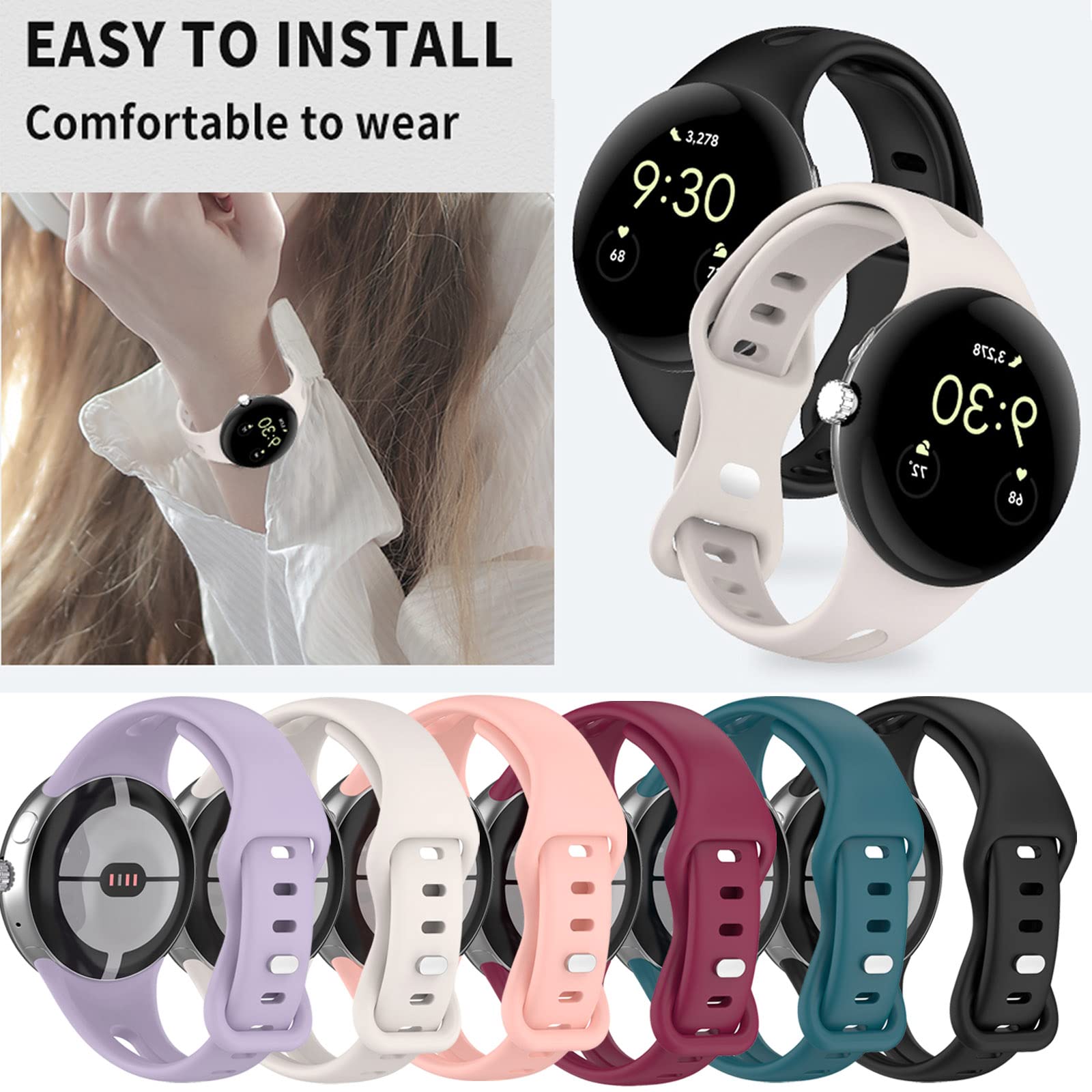 Ruentech Compatible With Google Pixel Watch Bands, Soft Silicone Replacement Straps Adjustable Sport Wristbands For Google Pixel