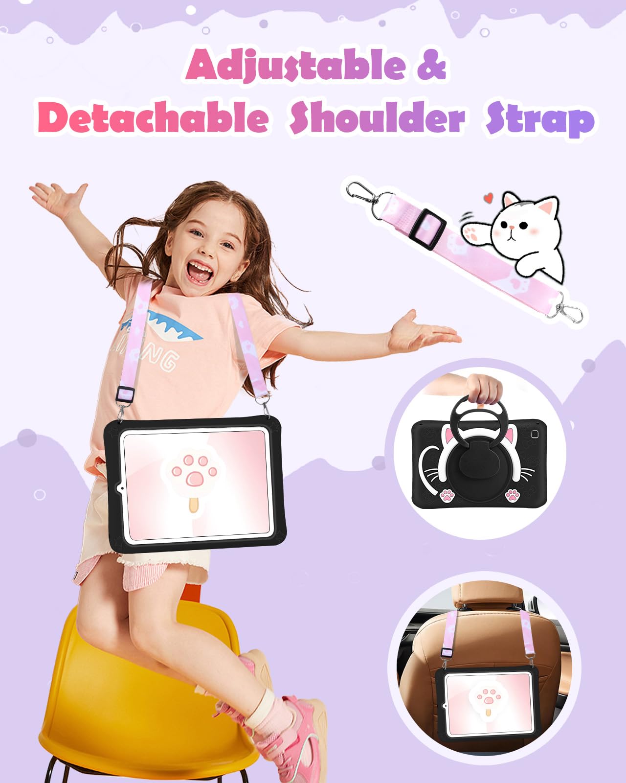 Wazzasoft For Samsung Galaxy Tab S6 Lite 10.4    Case Girls Cute Black Cat Cover Girly Kawaii Cartoon Women Kitten With Rotating