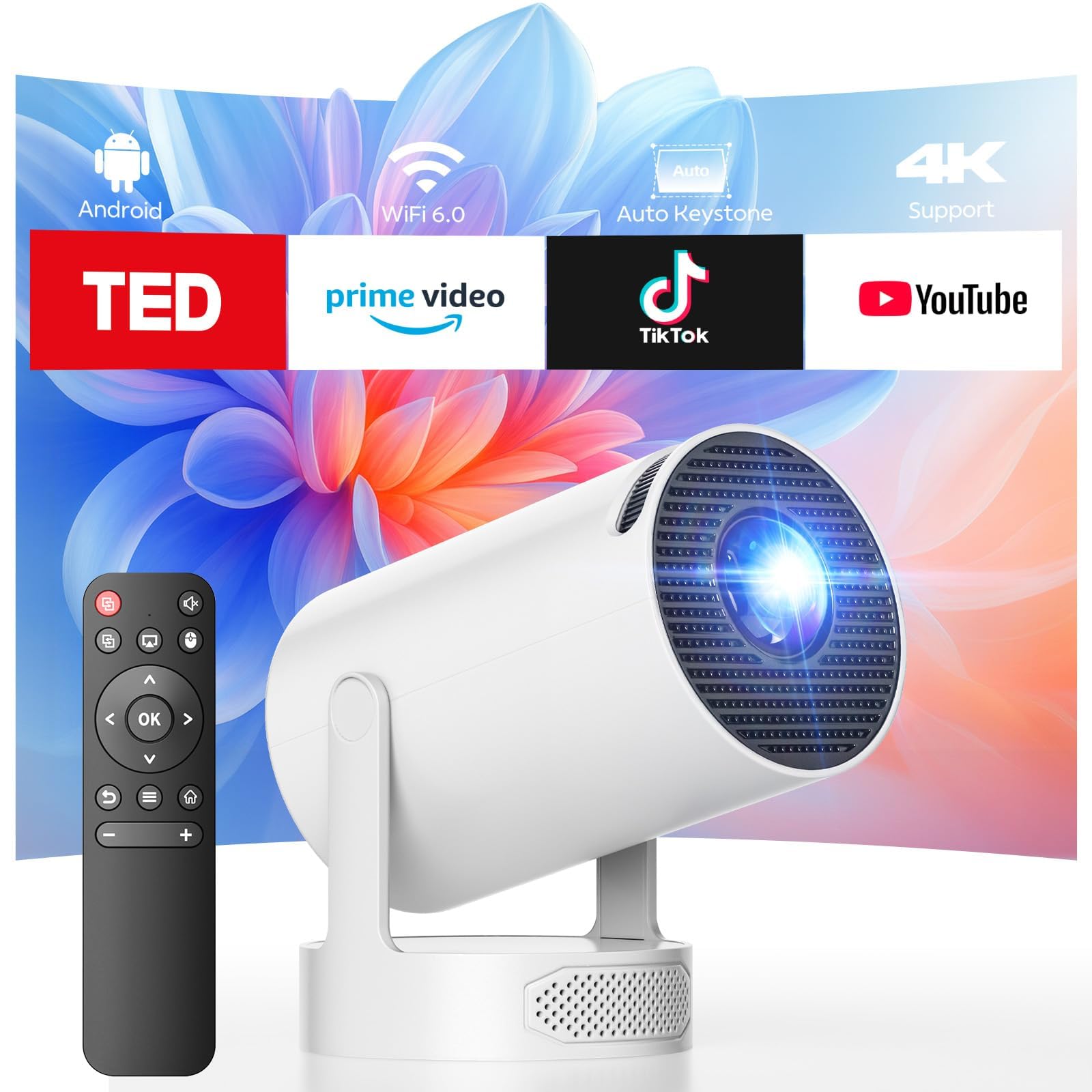 Mini Projector with WiFi and Bluetooth, Smart Portable Movie Projector 4K Support, 300 ANSI, 5W Base Speaker, 220 Rotation, Auto